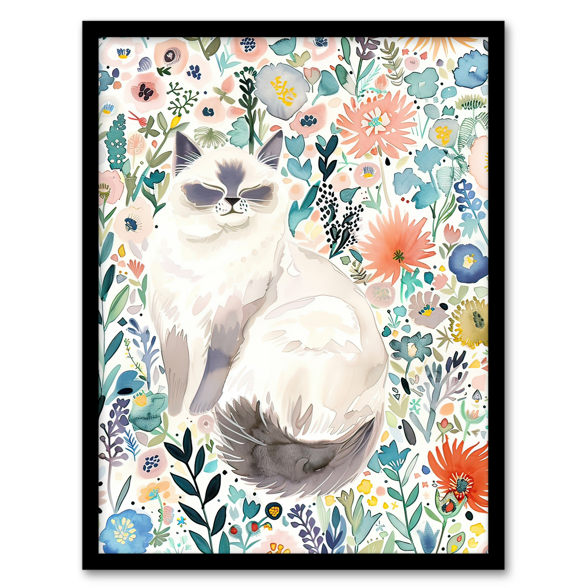 Ragdoll Cat Lover Pet and Watercolour Wildflowers Wall Art Poster Print