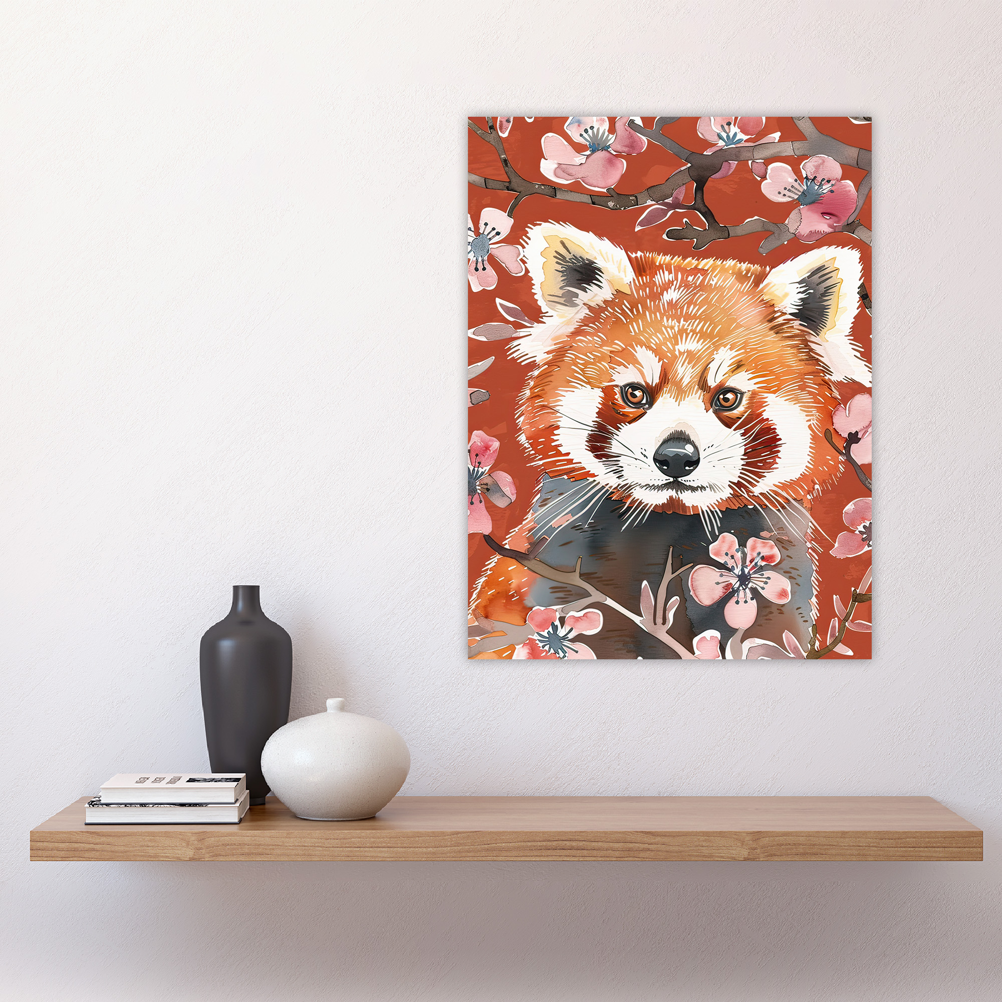 Red Panda Cherry Blossom Tree Branch Watercolour Wall Art Poster