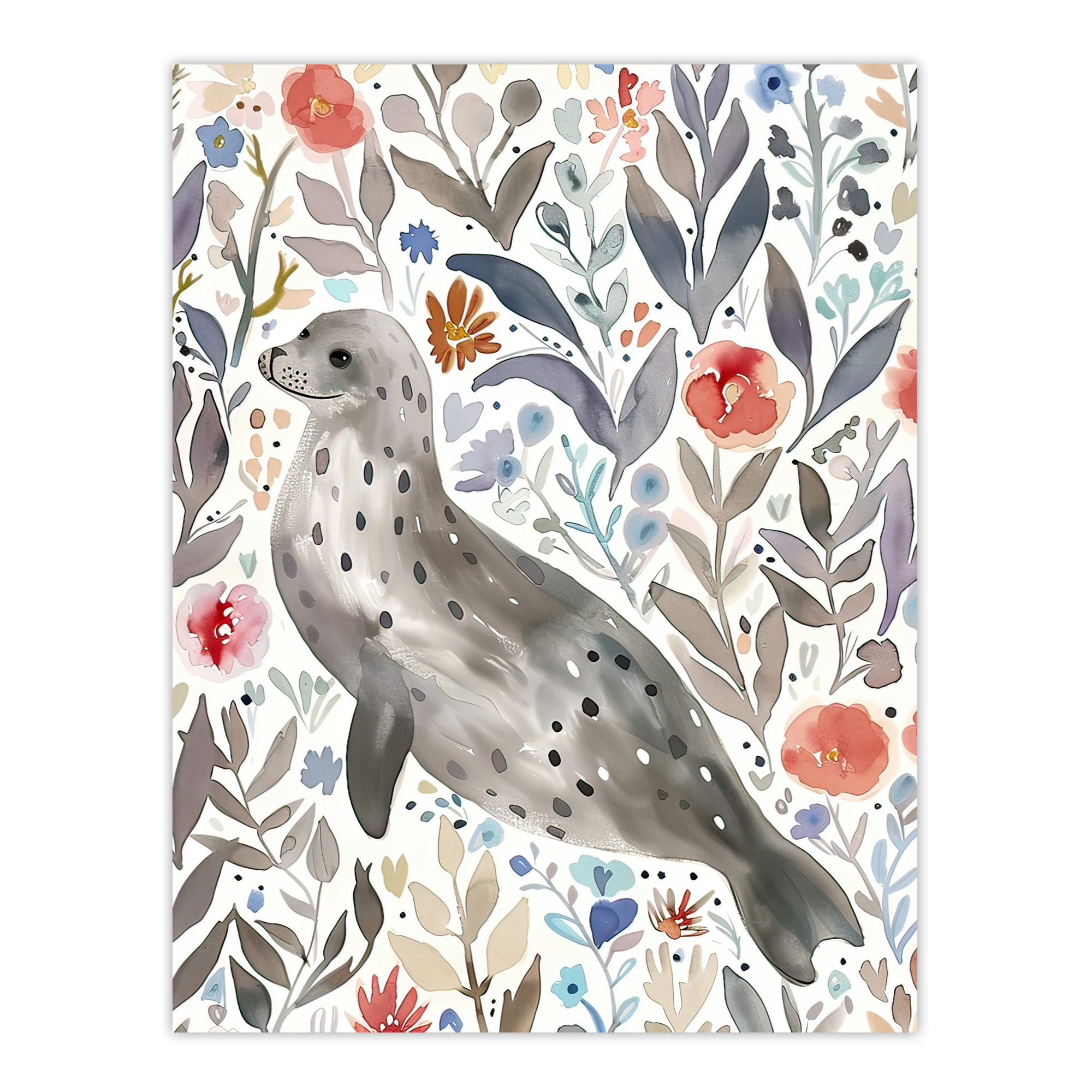 Happy Seal with Coastal Wildflowers Watercolour Wall Art Poster Print