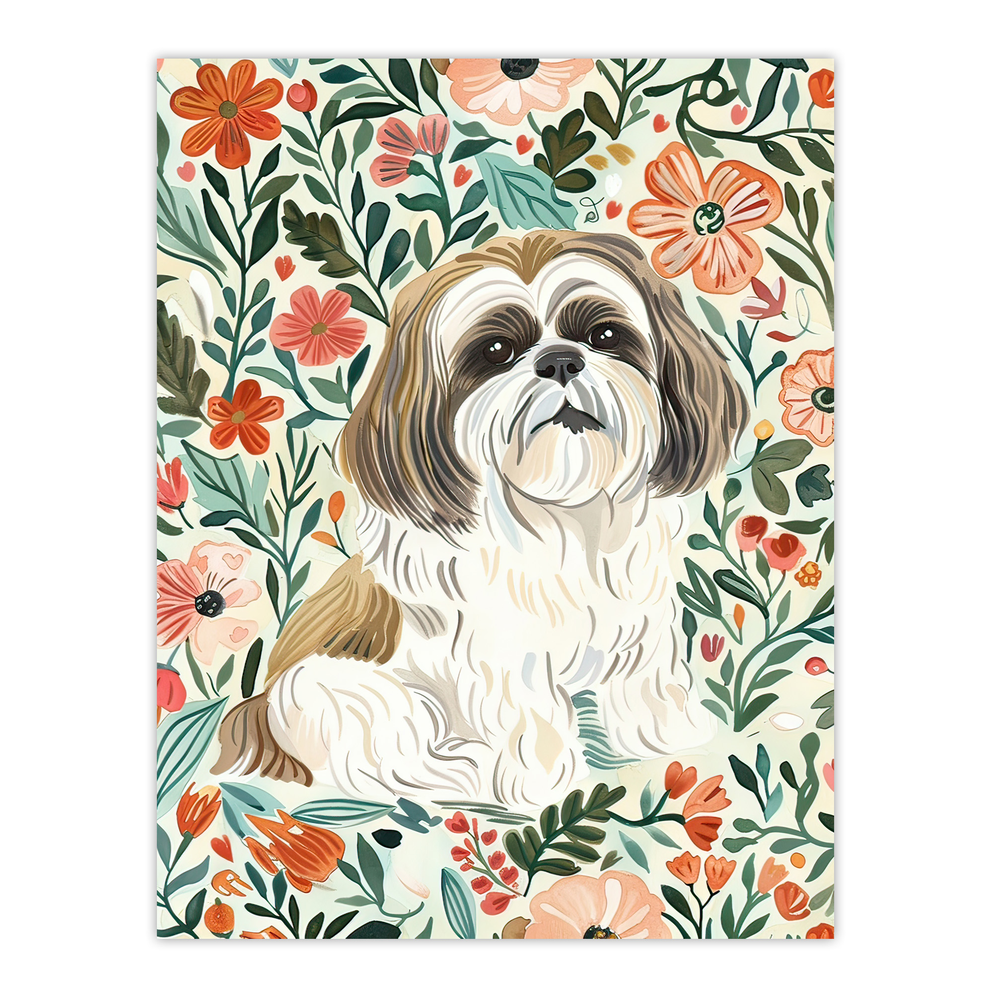 Cute Shih Tzu Dog Lover Rustic Floral Portrait Wall Art Poster Print
