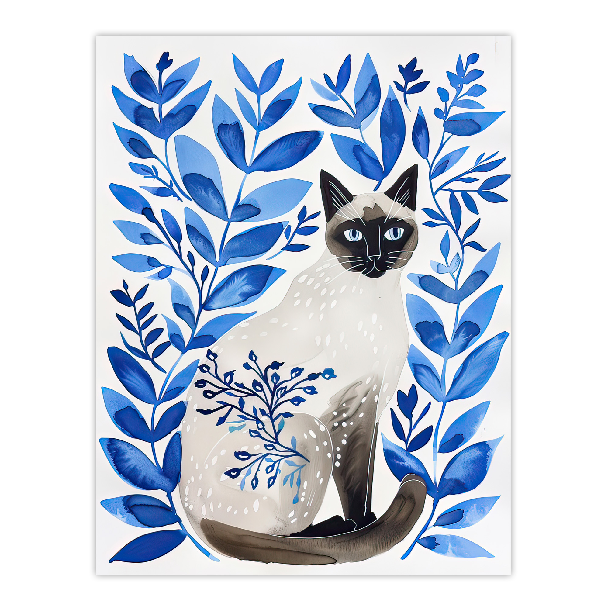 Siamese Cat Lover and Blue Plants Pet Portrait Wall Art Poster Print