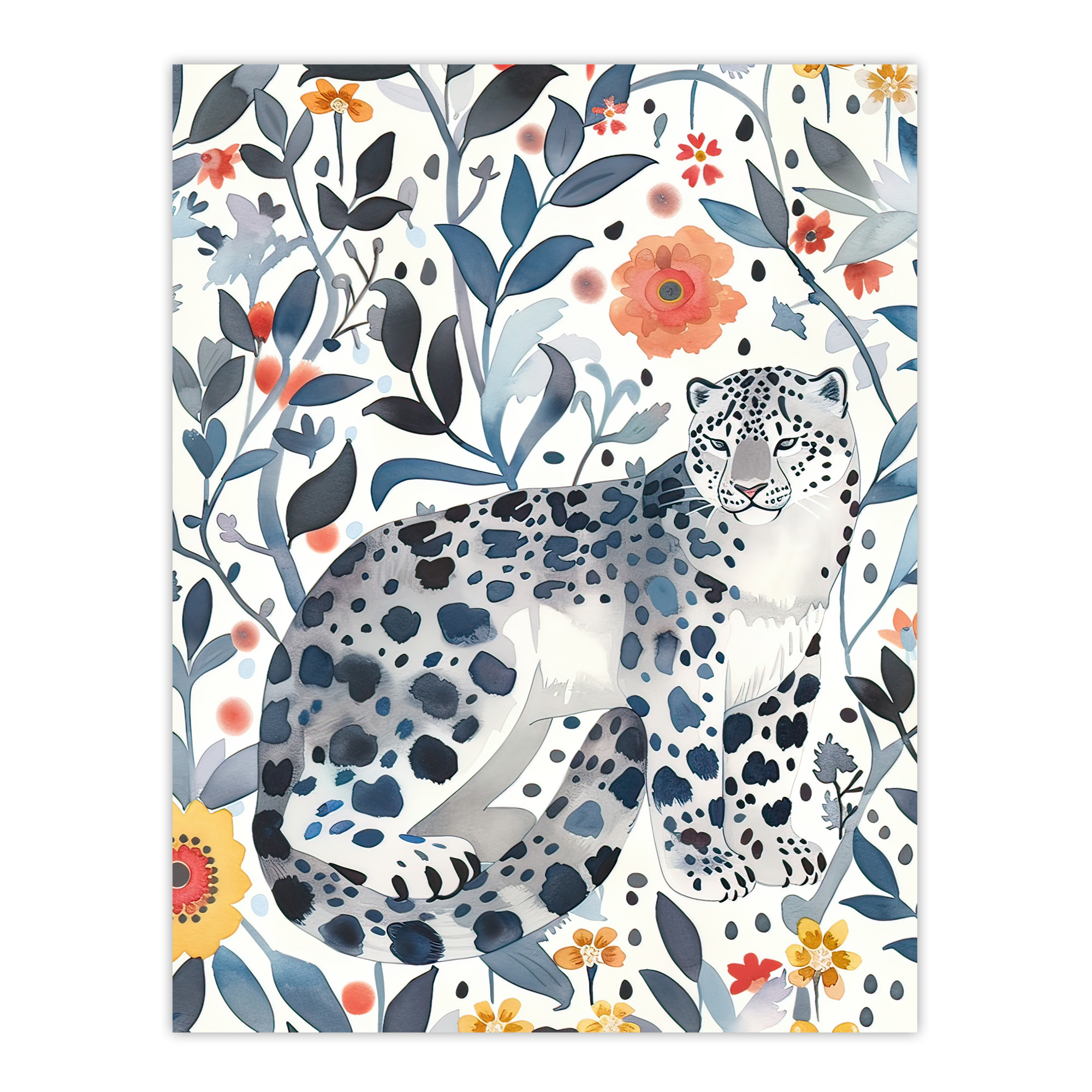 Snow Leopard Blue Orange Floral Watercolour Wall Art Poster Print