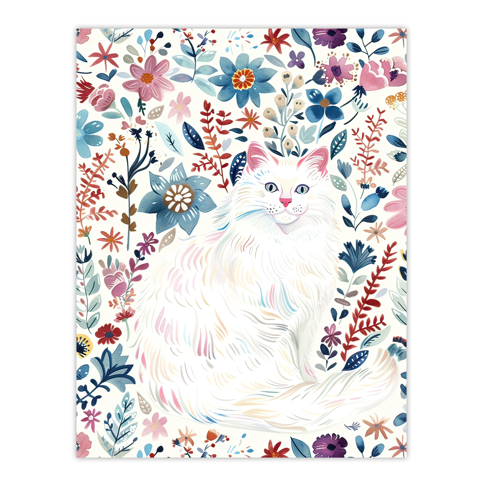 Turkish Angora and Floral Pattern White Cat Lover Wall Art Poster Print