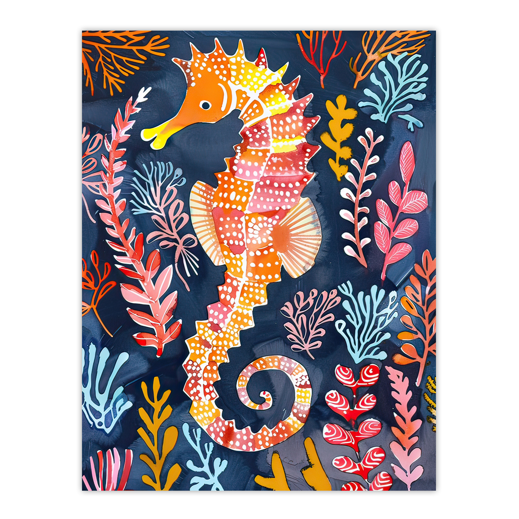 Vibrant Seahorse Colourful Coral Reef Folk Art Wall Art Poster Print