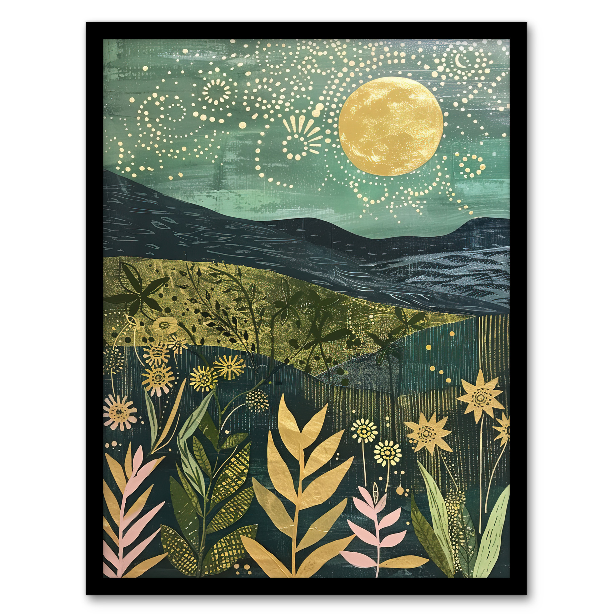 Full Moon Floral Landscape Folk Art Painting Wall Art Poster Print