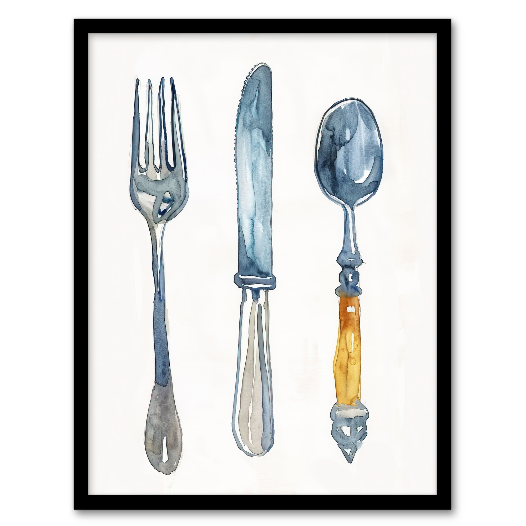 Cutlery Fork Spoon and Knife Bright Watercolour Wall Art Poster Print