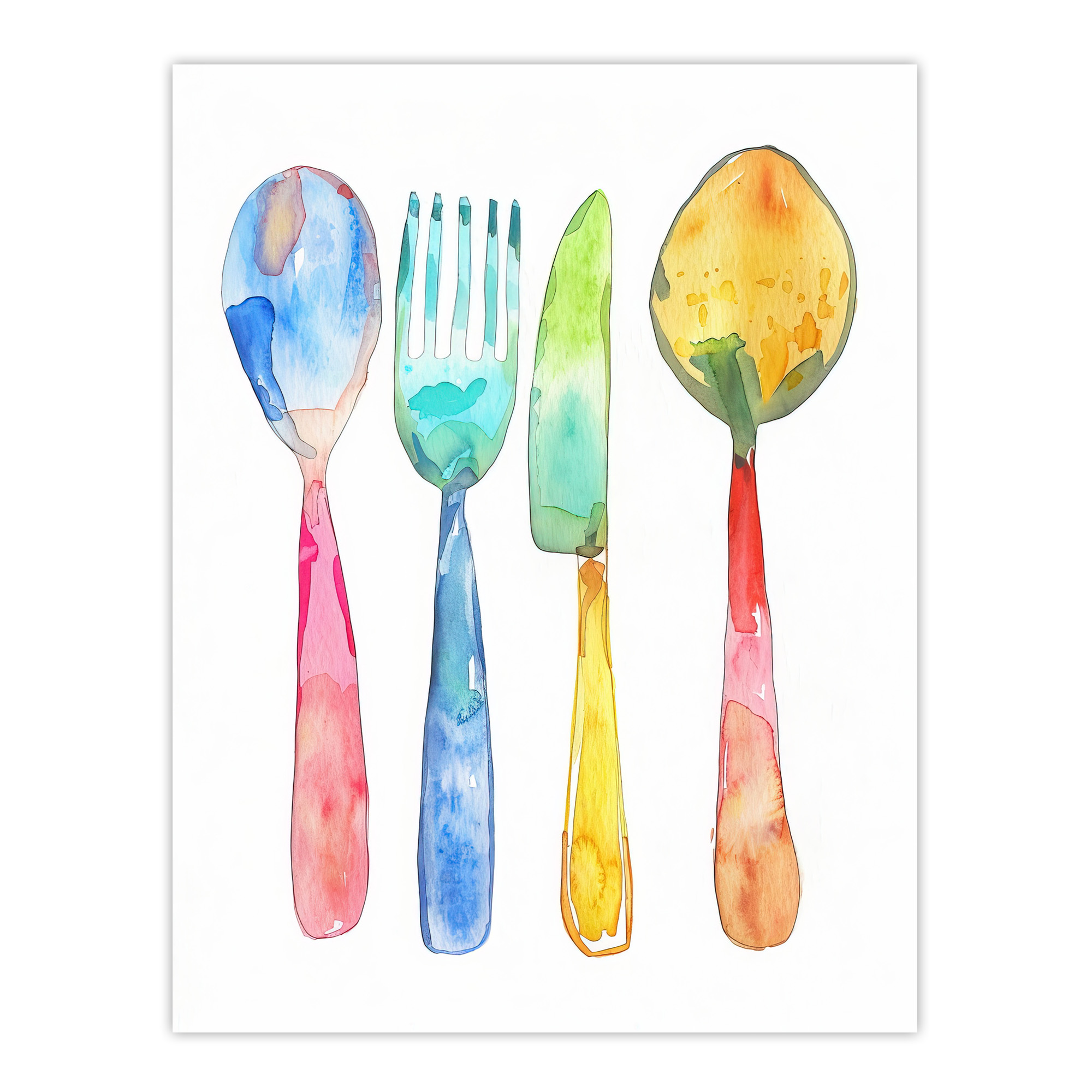 Colourful Cutlery Fork Knife Spoon Watercolour Wall Art Poster Print