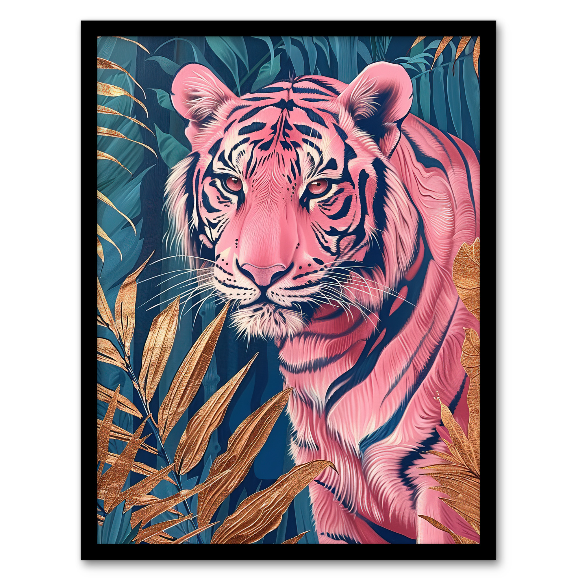 Majestic Pink Tiger in Blue Gold Tropical Jungle Wall Art Poster