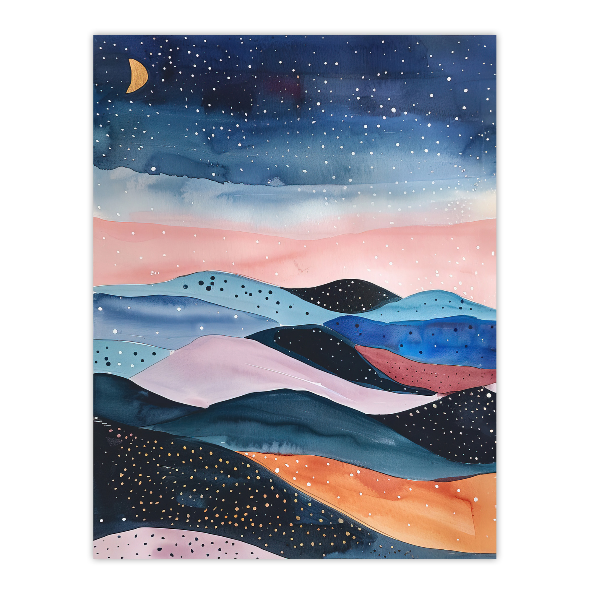 Abstract Boho Landscape Starry Night Sky Folk Art Wall Art Poster Print