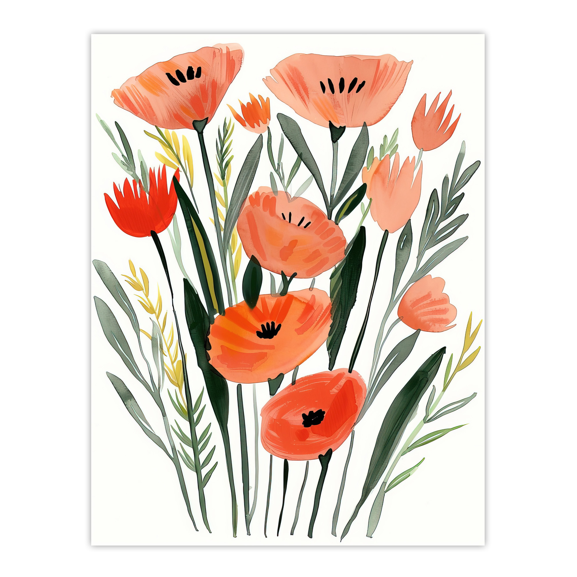 Abstract Wild Poppy Flowers Boho Floral Painting Wall Art Poster Print