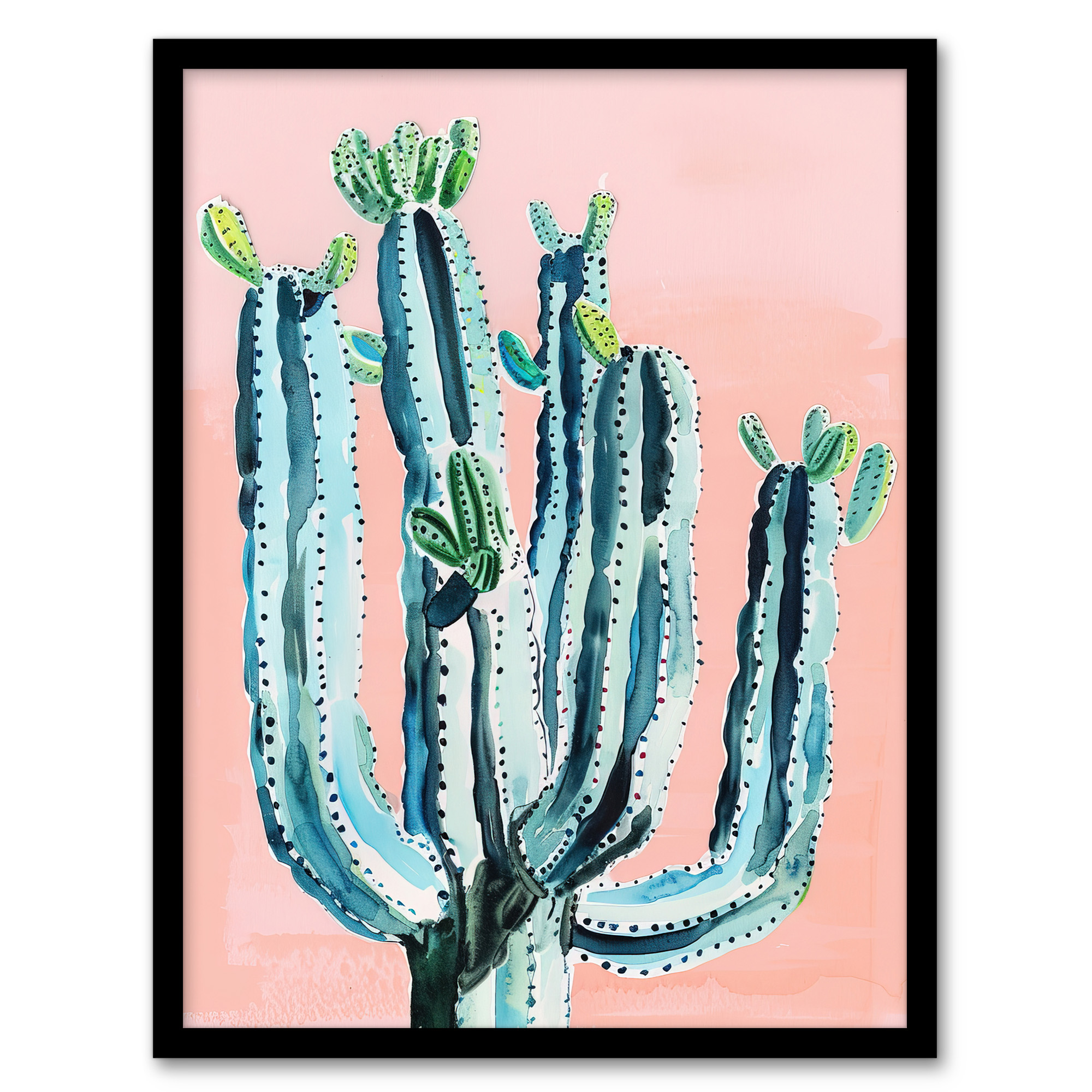 Desert Cactus Pastel Colour Pink Teal Watercolour Wall Art Poster Print
