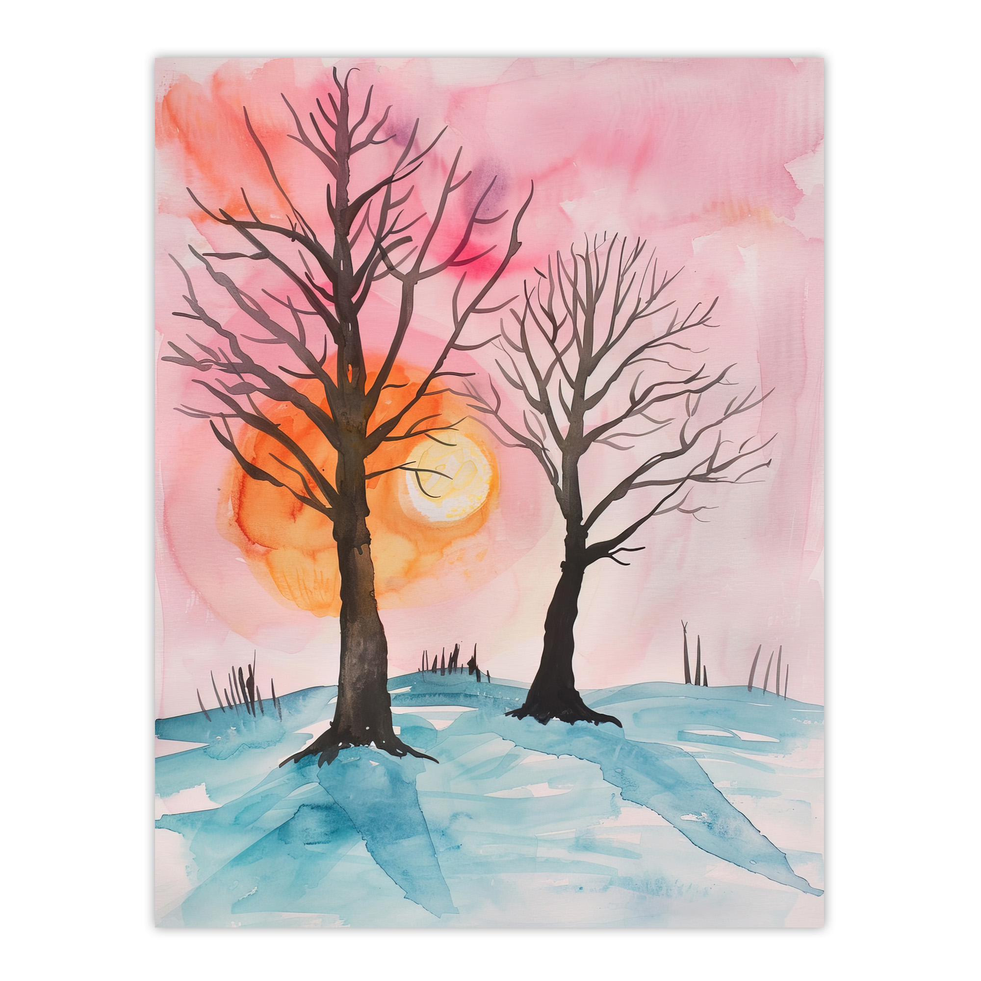 Two Trees Misty Sunset Winter Snow Landscape Wall Art Poster Print