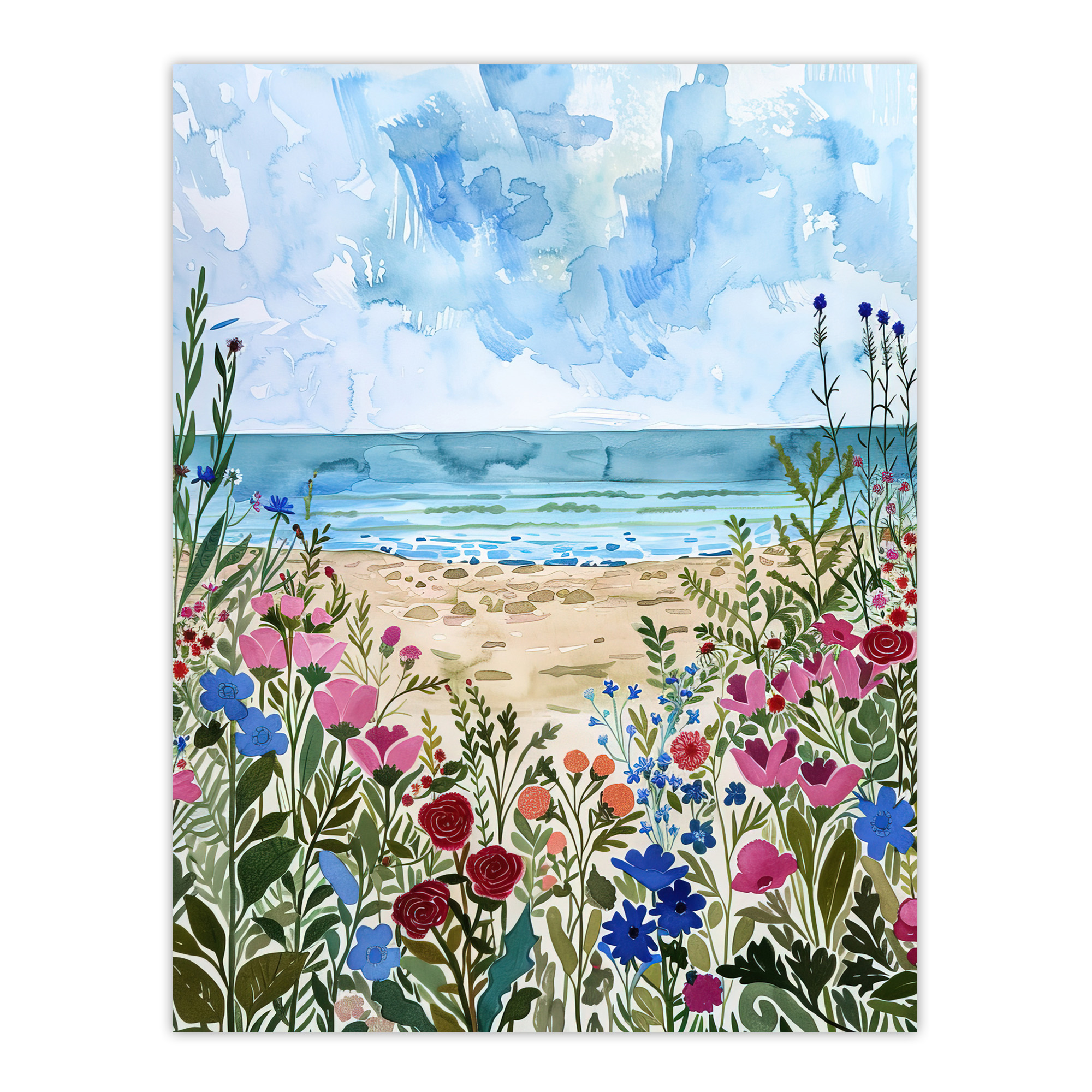 Sardinia Shore Beach Flowers Coastal Watercolour Wall Art Poster Print