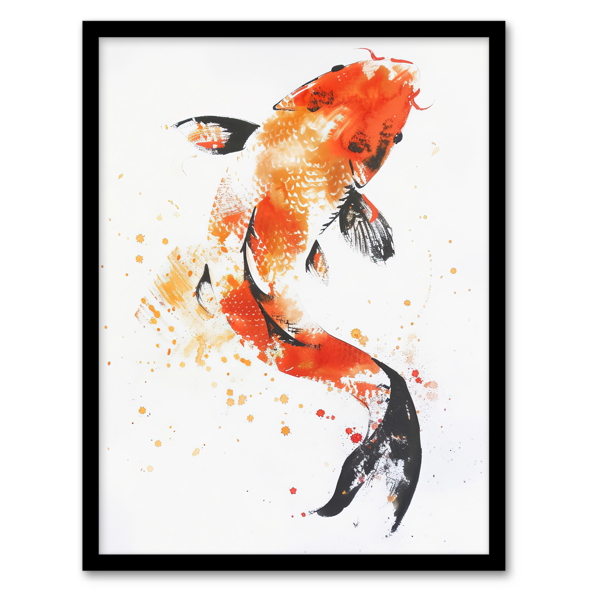 Japanese Koi Carp Fish Orange Black Watercolour Wall Art Poster Print