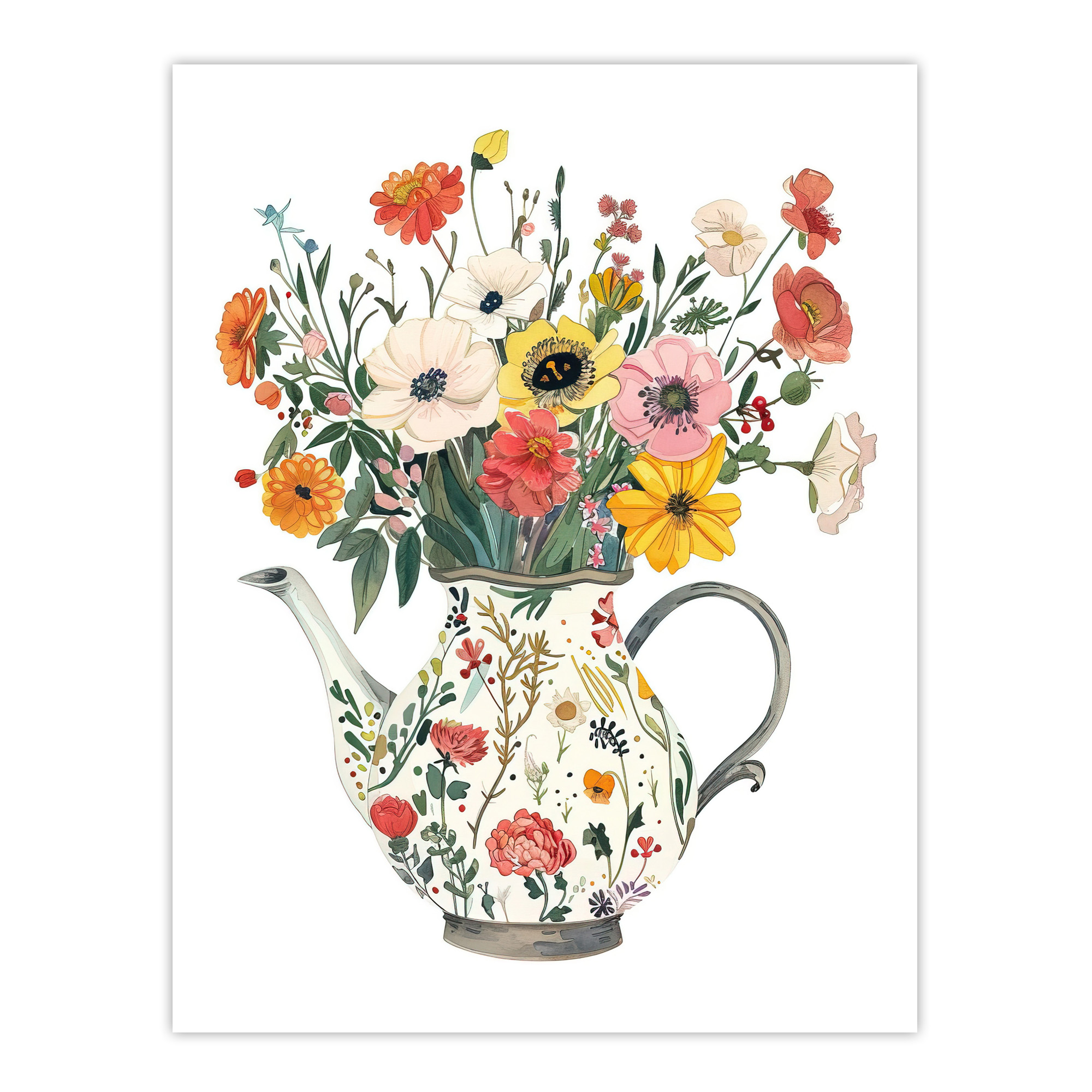 Flower Bouquet in Rustic Floral Teapot Vase Wall Art Poster Print