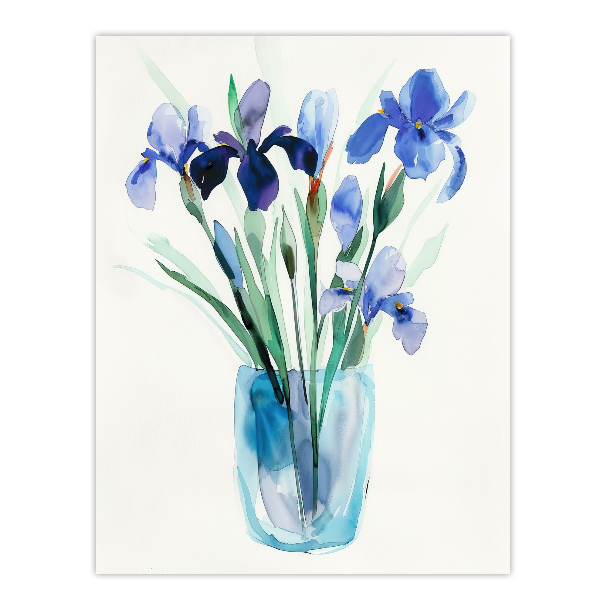 Blue Iris Flower Bouquet Vase Floral Watercolour Wall Art Poster Print