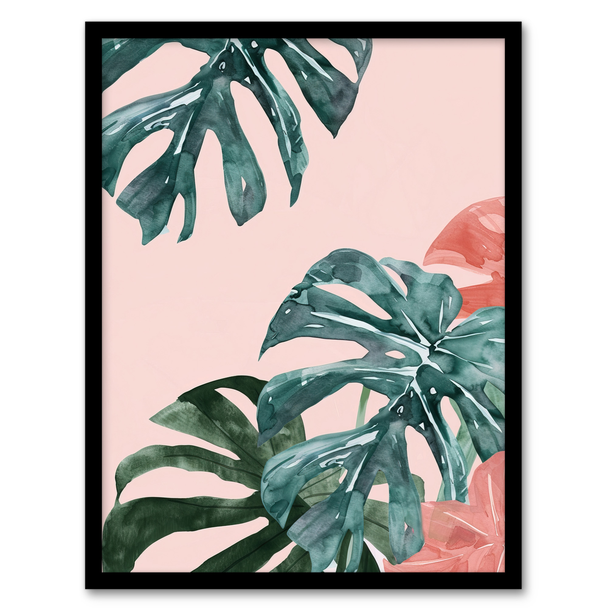 Plant Lover Pink Teal Monstera Leaves Watercolour Wall Art Poster Print