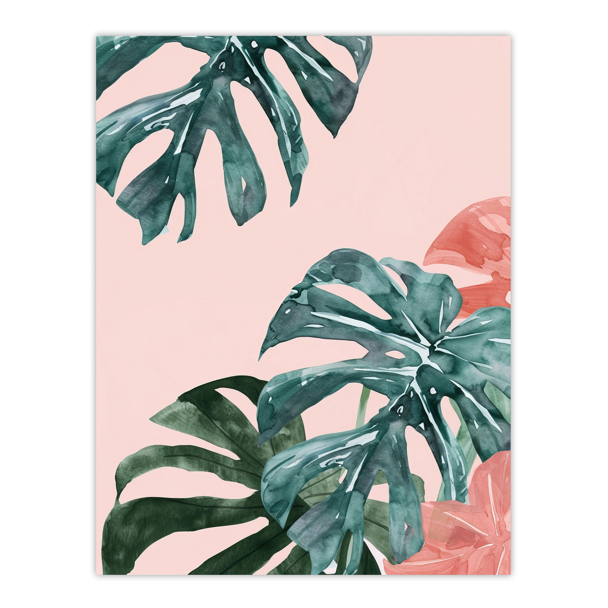 Plant Lover Pink Teal Monstera Leaves Watercolour Wall Art Poster Print