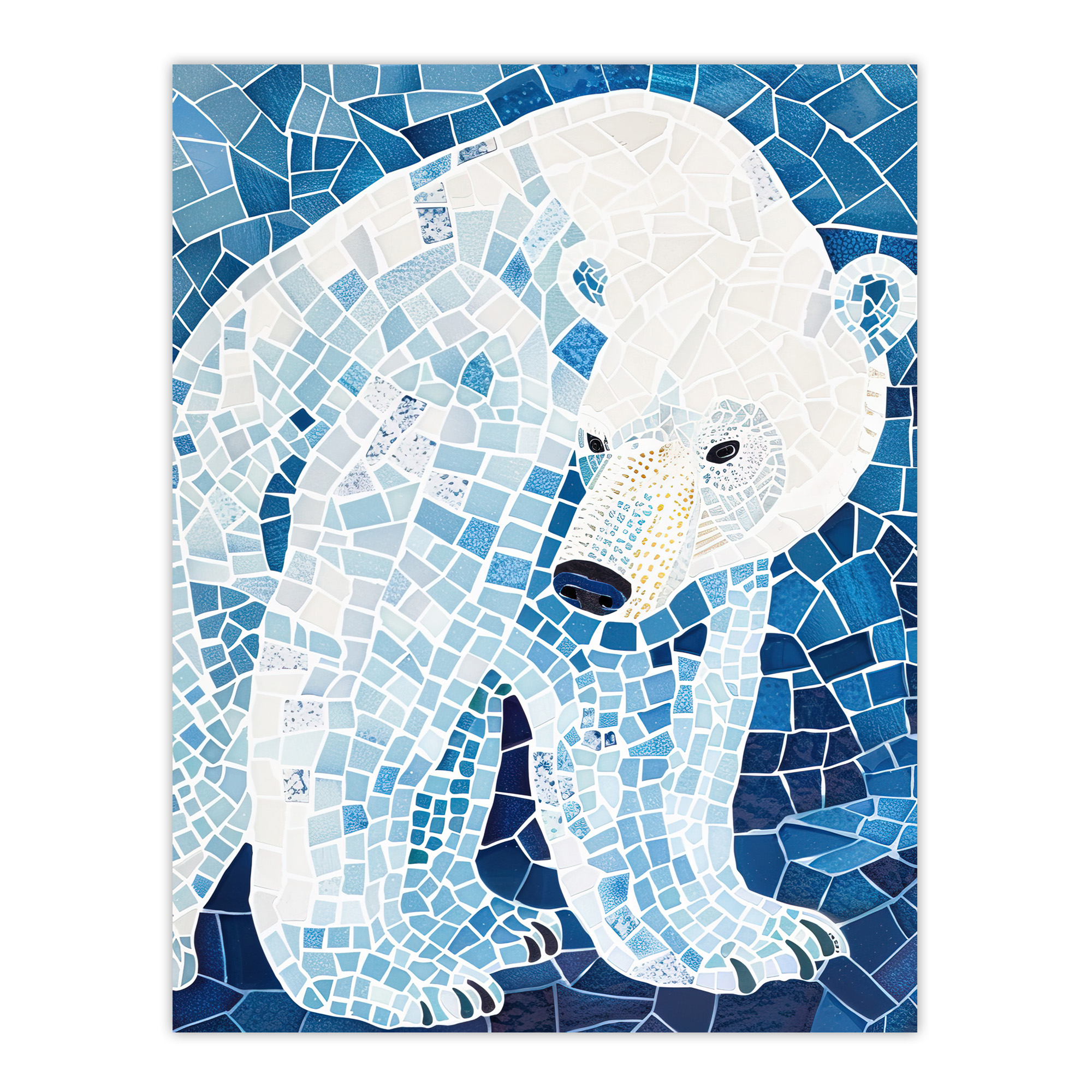 Polar Bear Blue White Mosaic Pattern Folk Art Wall Art Poster Print