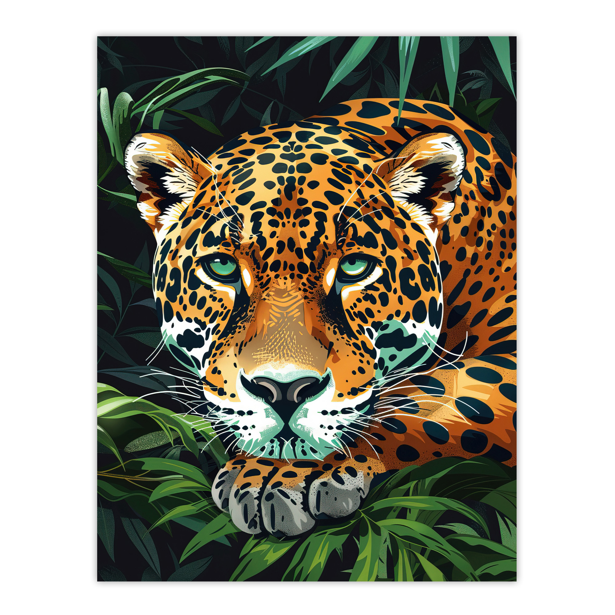 Resting Jaguar In Lush Jungle Animal Portrait Wall Art Poster Print
