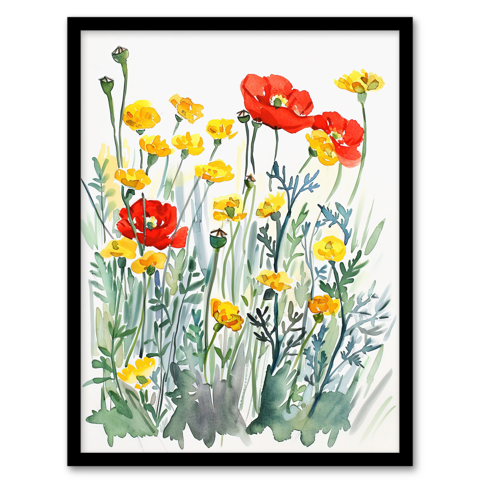 Red Poppies and Yellow Marigolds Wildflower Field Wall Art Poster Print