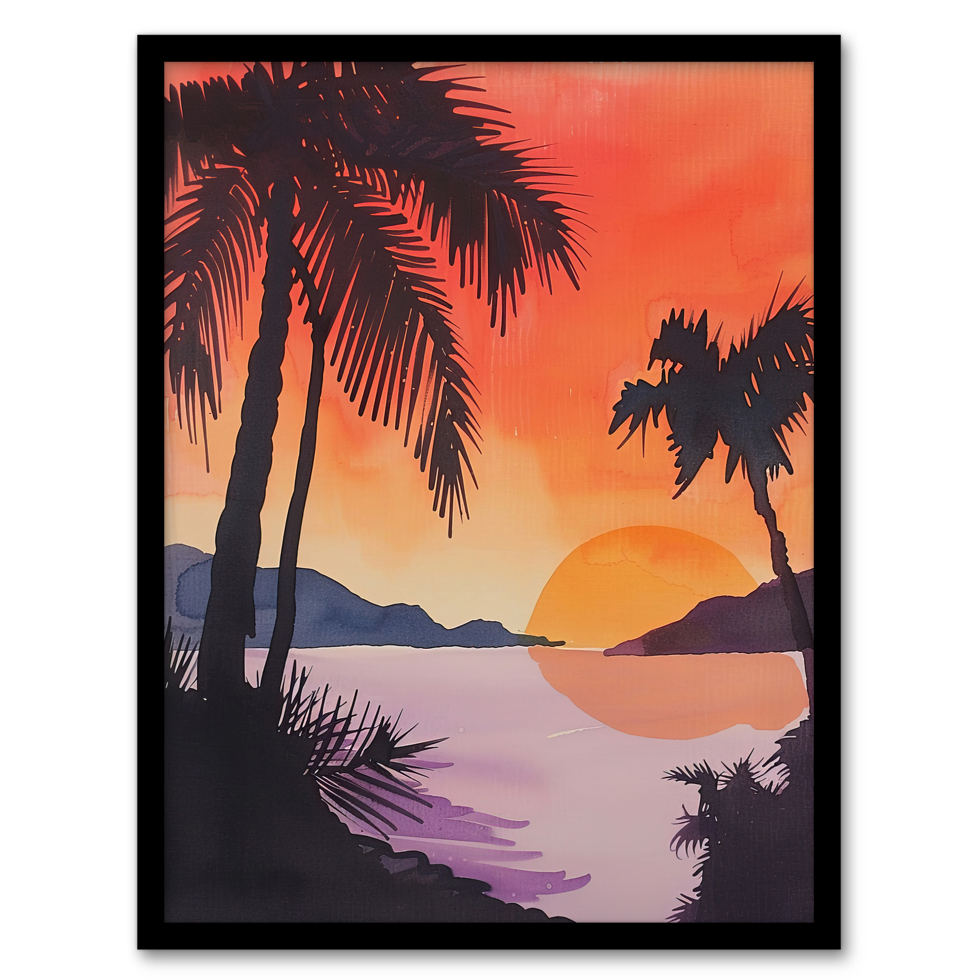 Hawaii Sunset Beach Cove Palm Trees Watercolour Wall Art Poster Print