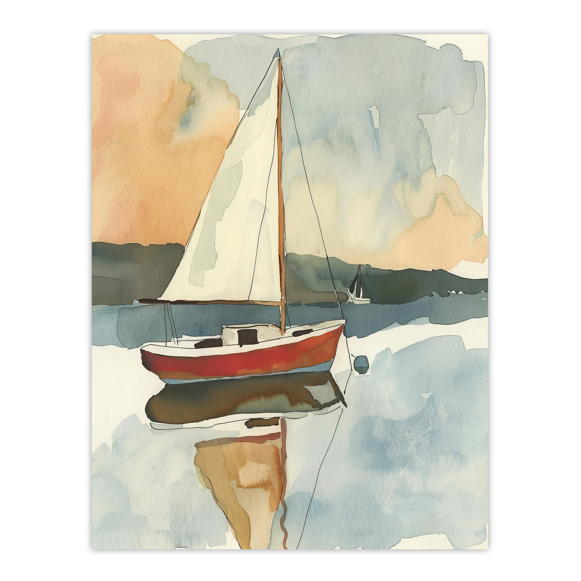 Red Sailboat in Tranquil Sea Harbour Watercolour Wall Art Poster Print