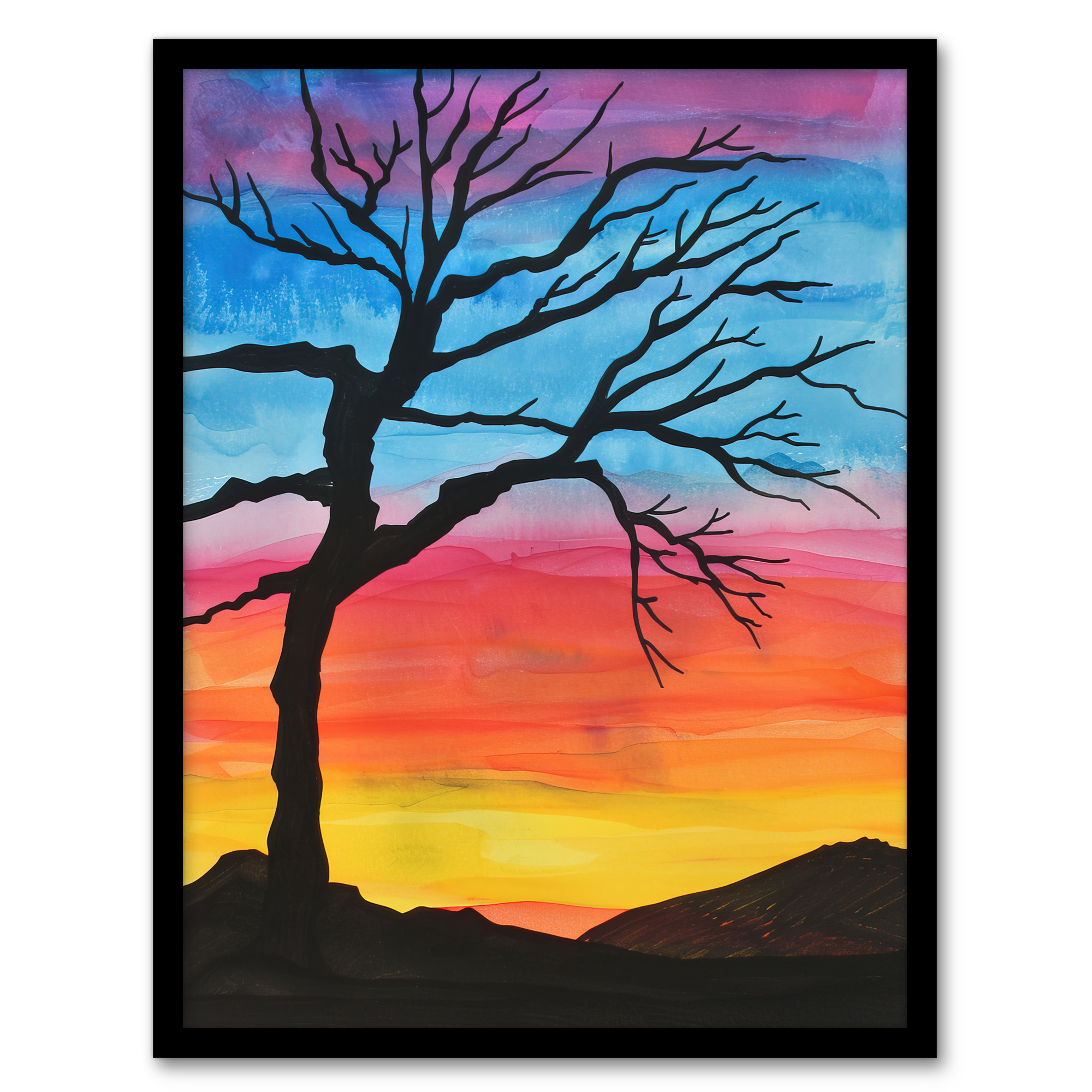 Tree Silhouette Against Rainbow Sky Watercolour Wall Art Poster Print