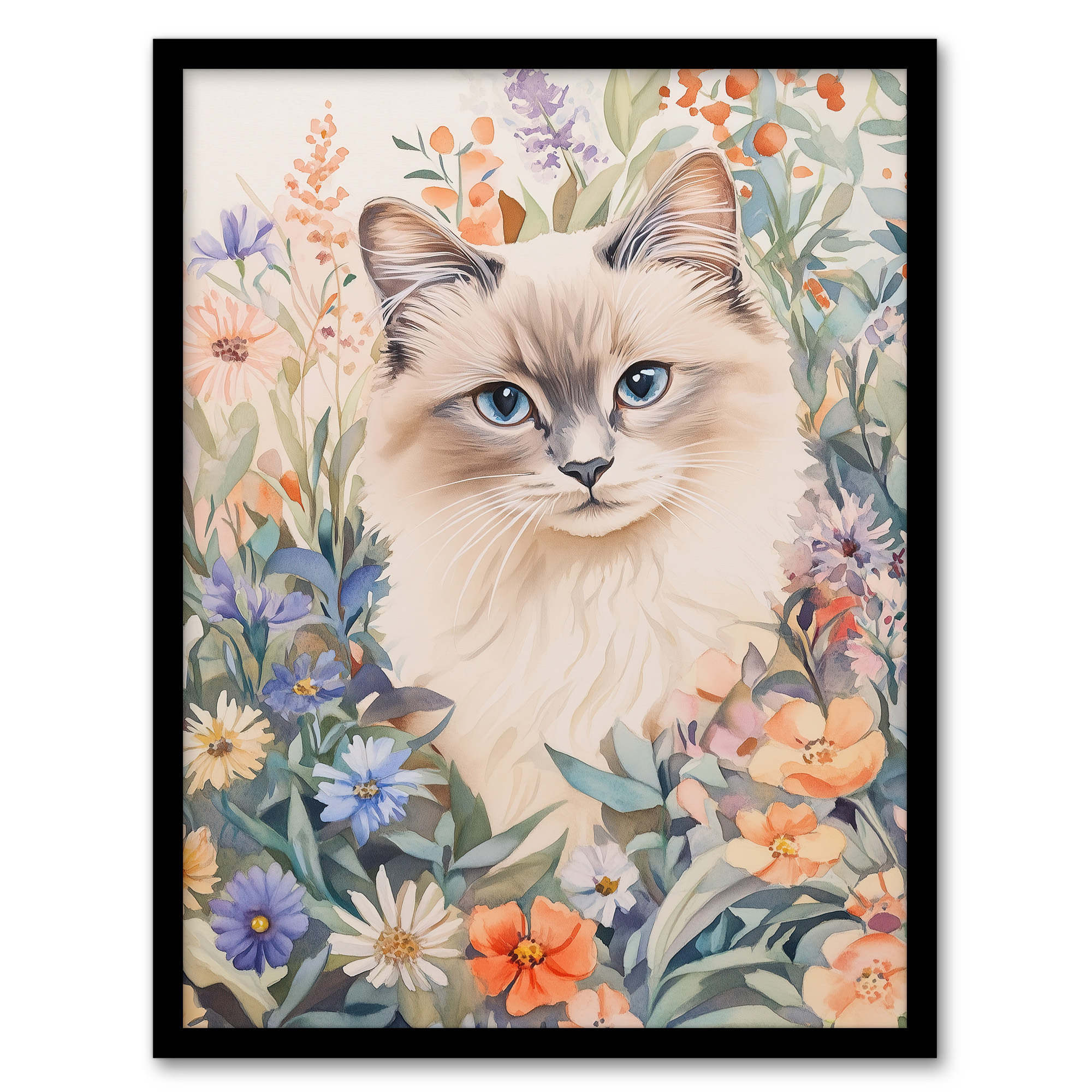 Ragdoll Cat Lover Floral Pet Portrait Watercolour Wall Art Poster Print