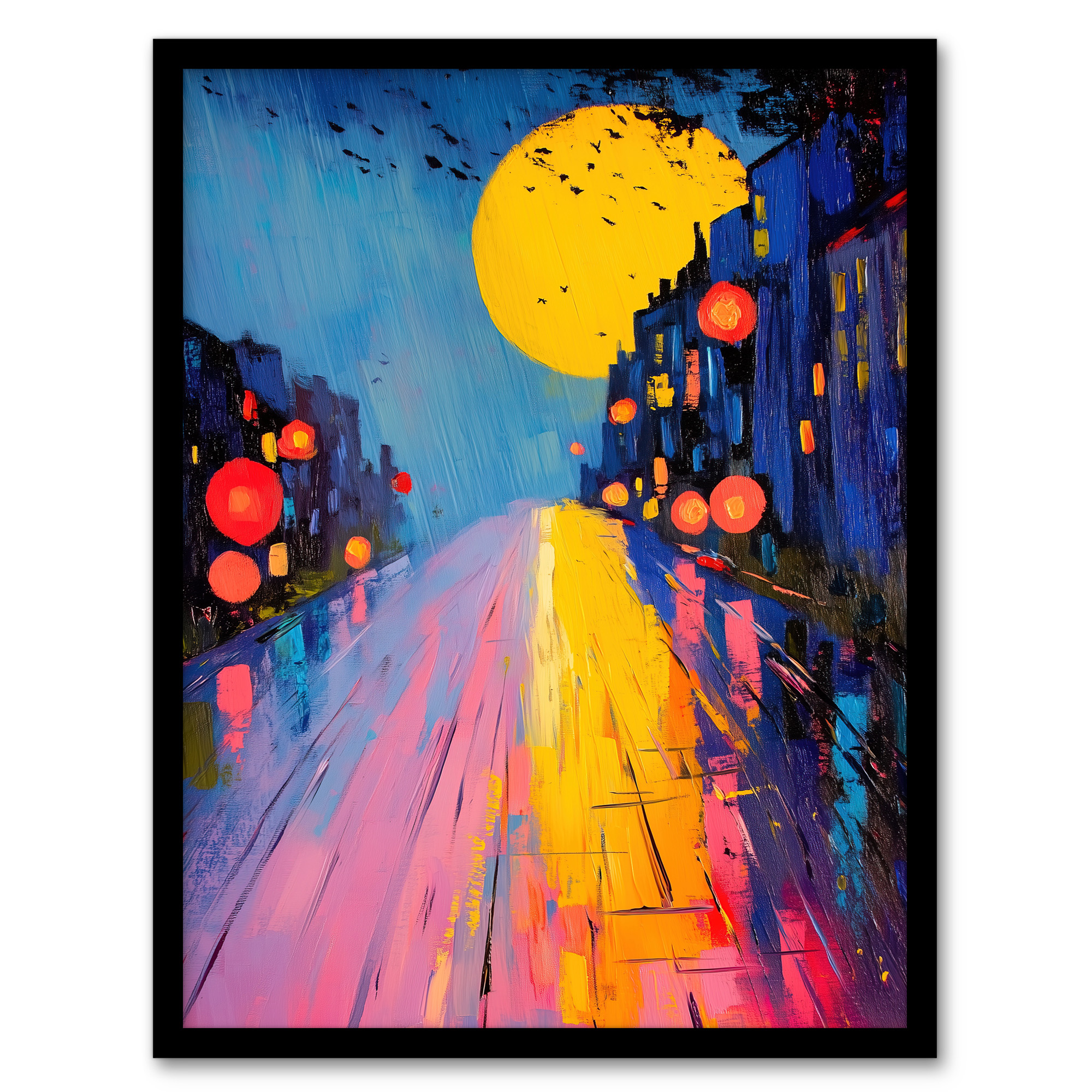 Full Moon Night City Street Colourful Abstract Wall Art Poster Print