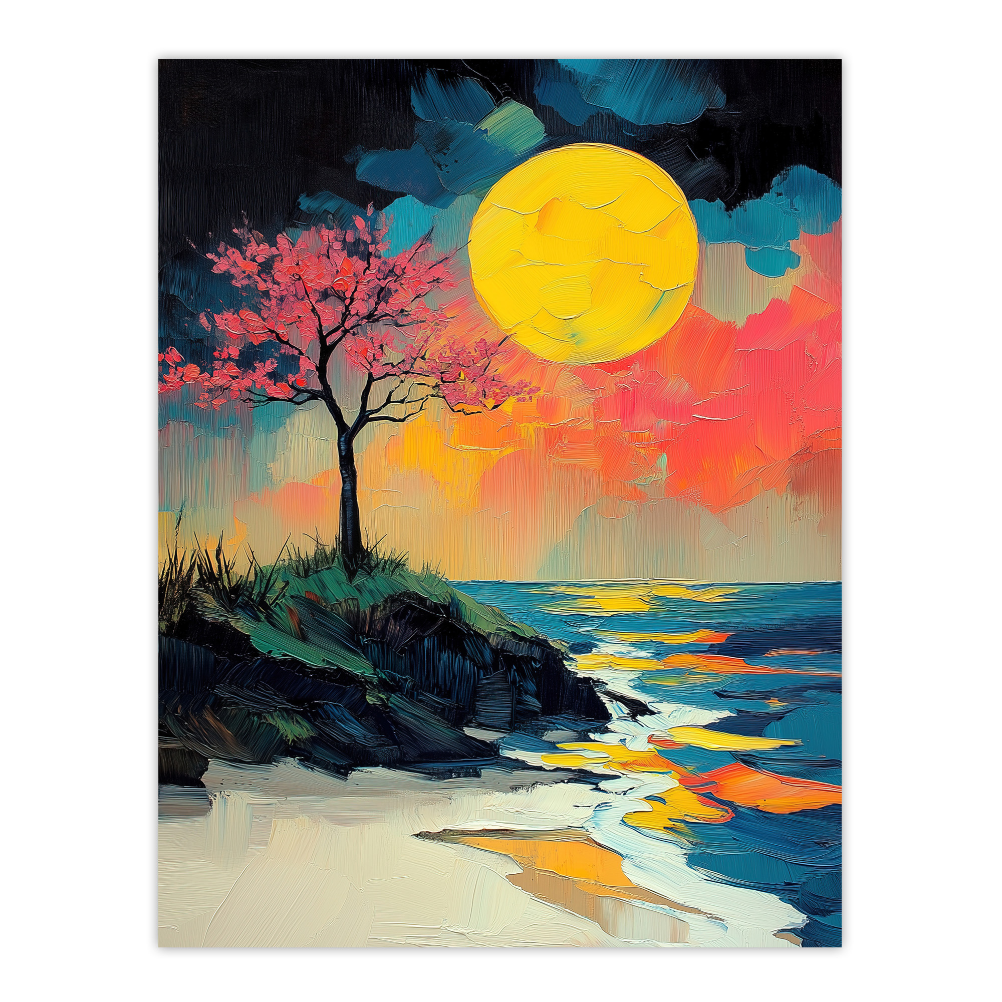 Cherry Blossom Tree by Shore Coastal Sunset Wall Art Poster Print