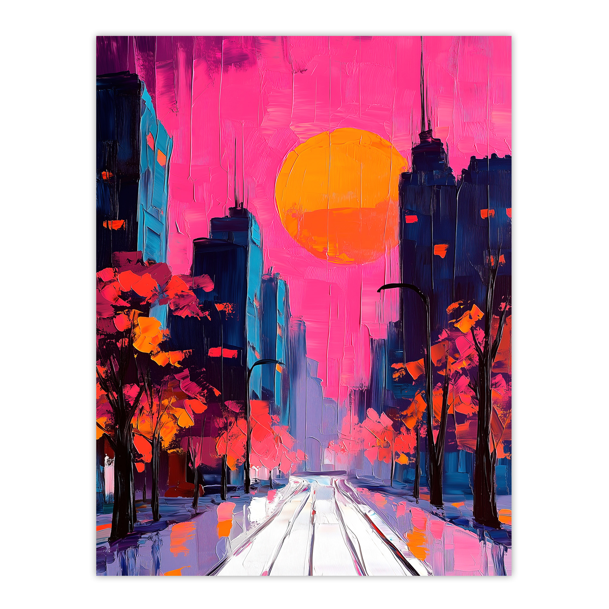 City Street Autumn Pink Sunset Sky Cityscape Wall Art Poster Print