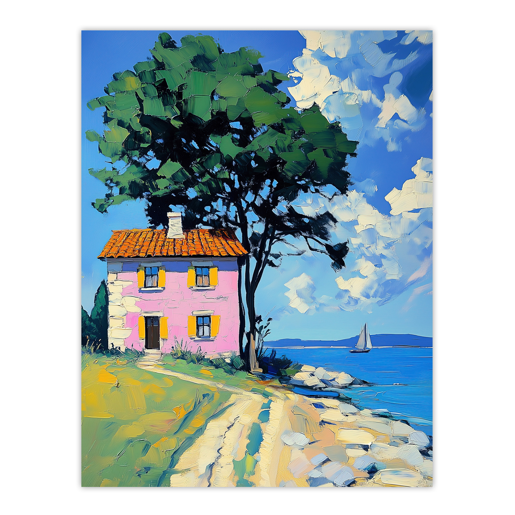 Pink Village Cottage Coastal Greece Landscape Wall Art Poster Print