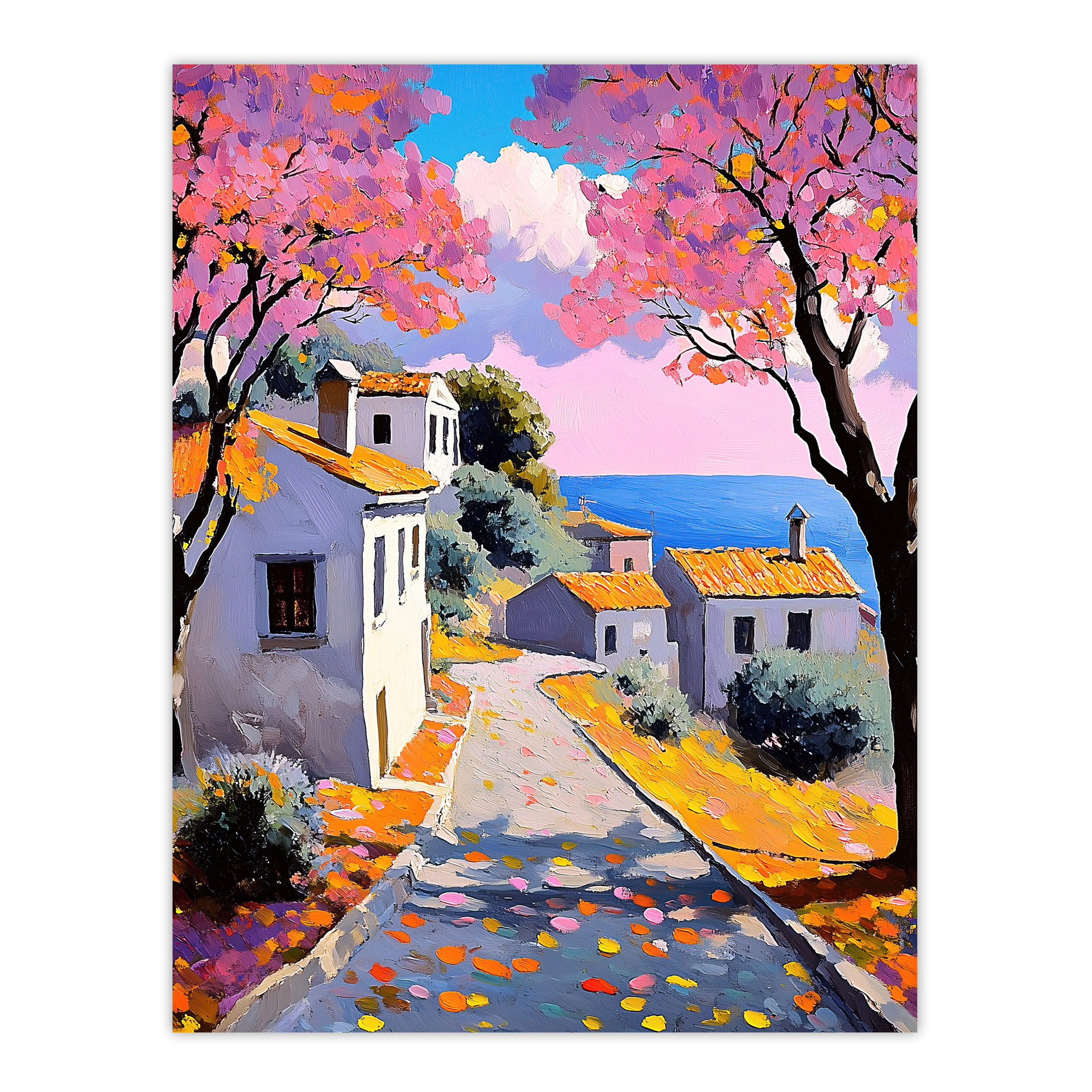 French Coastal Village With Cherry Blossoms Trees Wall Art Poster Print