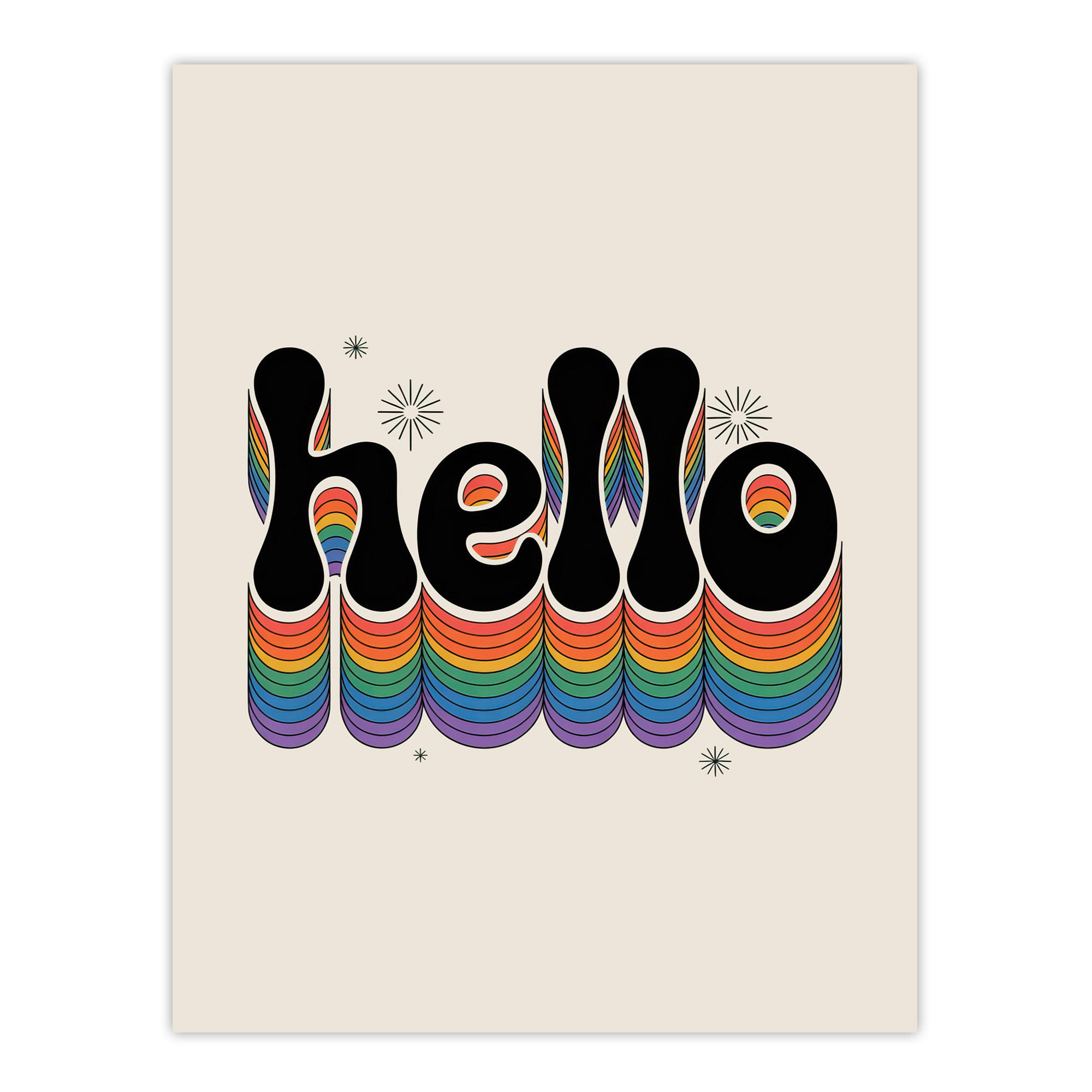 Hello Colourful Retro Rainbow Font Typography Wall Art Print