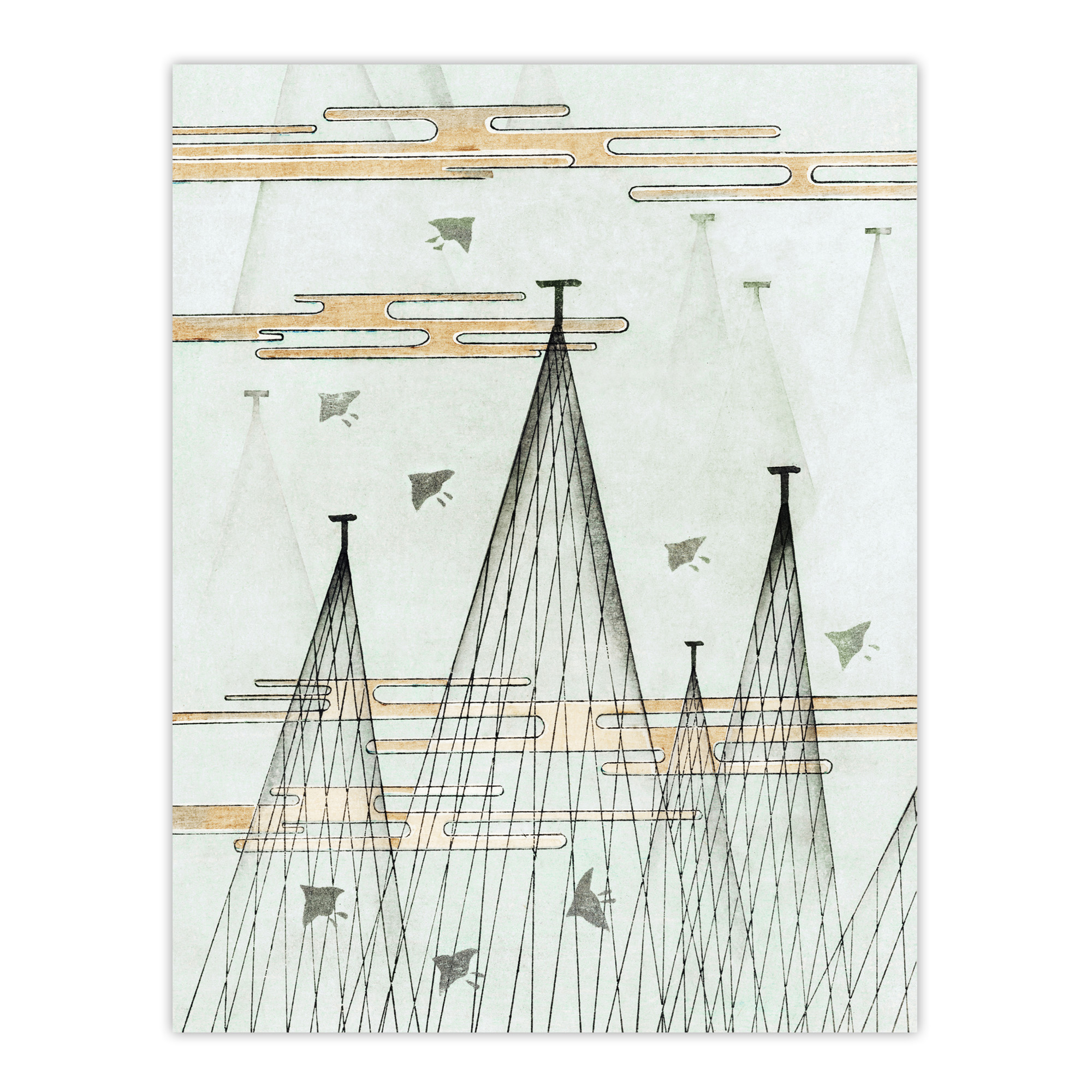 Skyscape Birds Flying Vintage Japan Framed Wall Art Print Bijutsukai