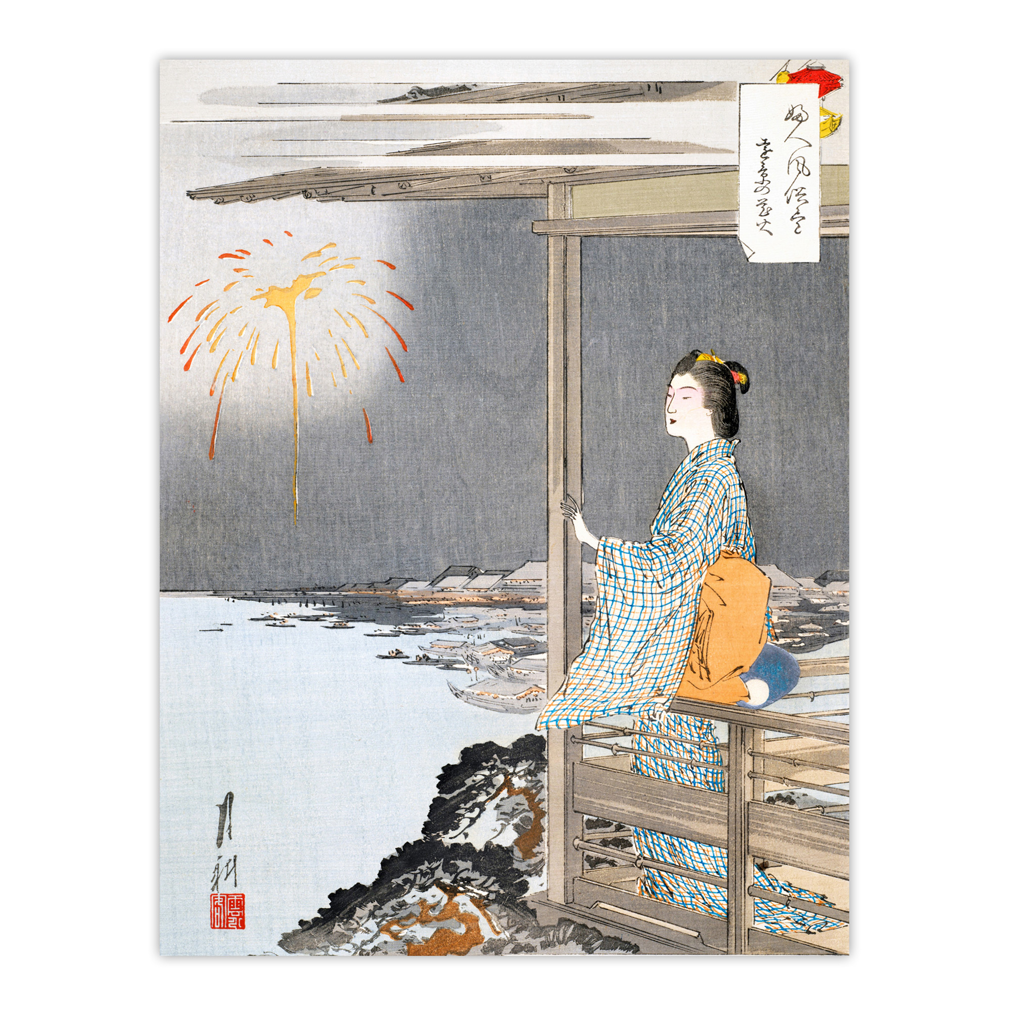 Woman Watching Fireworks Vintage Japan Framed Wall Art Print Ogata Gekko
