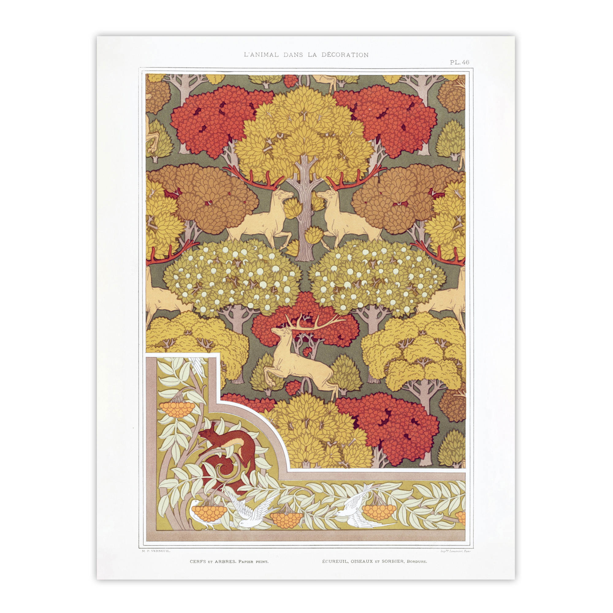 Stag Deer Trees Pattern Vintage Floral Framed Wall Art Print Verneuil