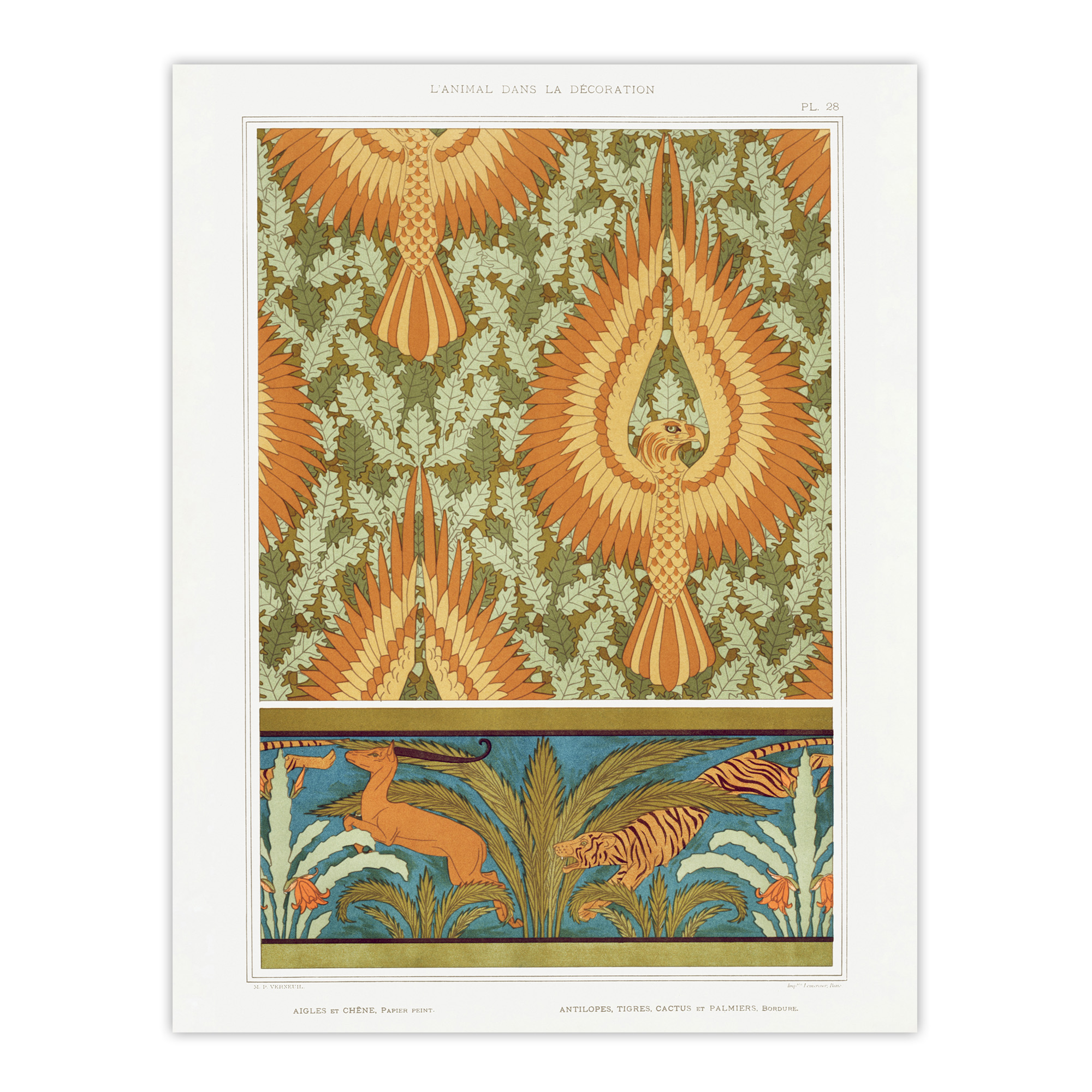 Eagle Antelope and Tiger Patterns Vintage Framed Wall Art Print Verneuil