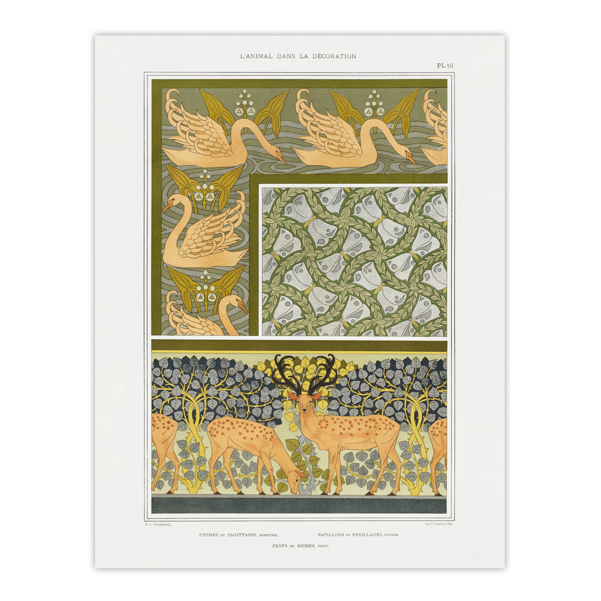 Swans Butterflies Deer Patterns Vintage Framed Wall Art Print Verneuil