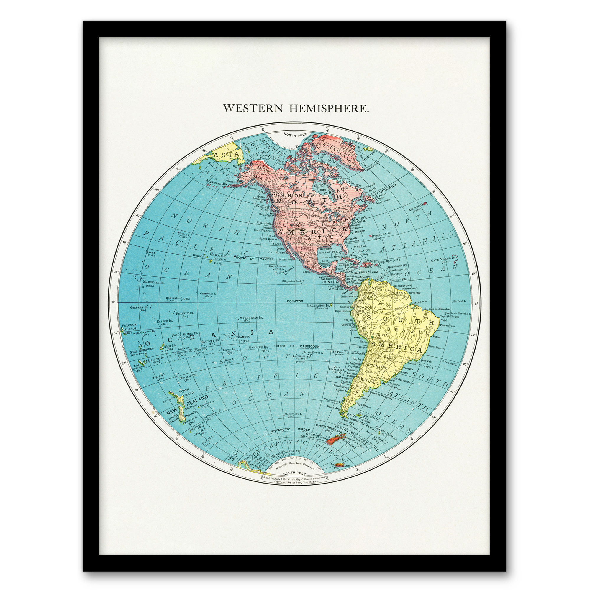 Western Hemisphere 1908 Map Rand McNally Vintage Wall Art Print Poster
