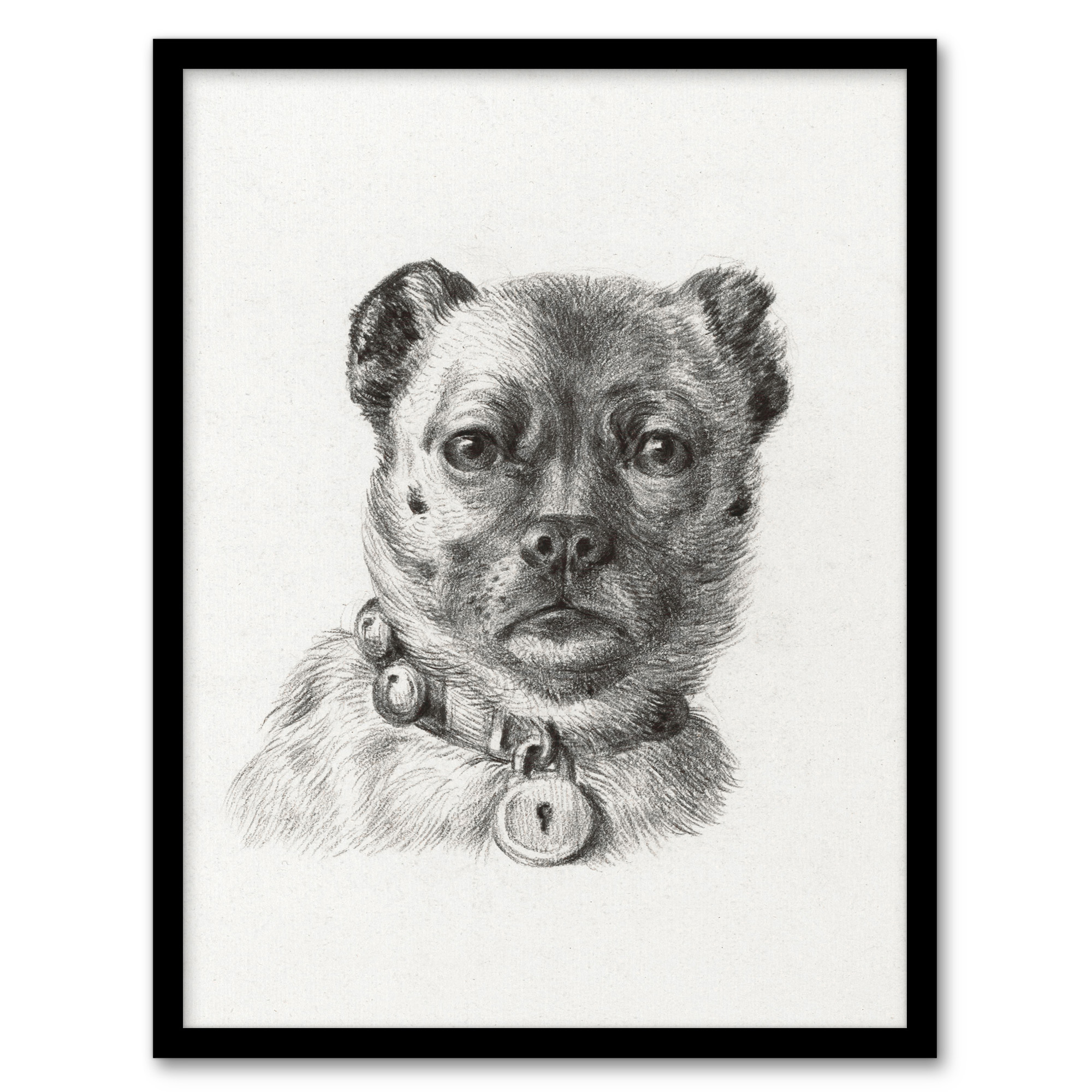 Jean Bernard Framed Wall Art Dog head with a Collar Pencil Drawing Home Décor