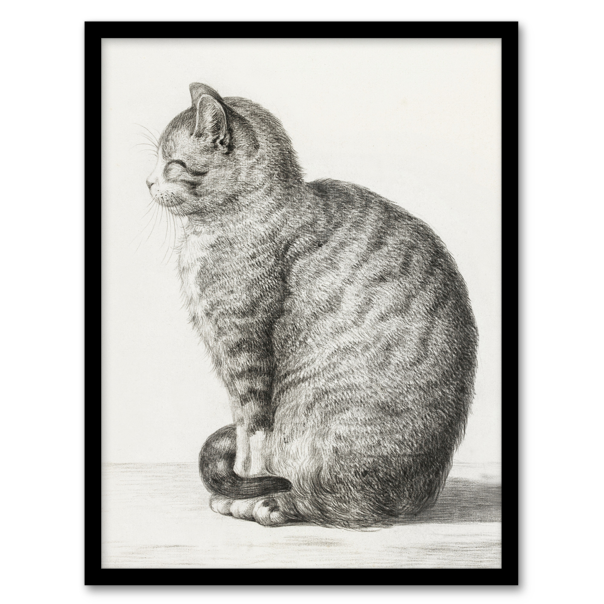 Jean Bernard Framed Wall Art Print Sitting Smiling Cat Pencil Drawing Home Décor