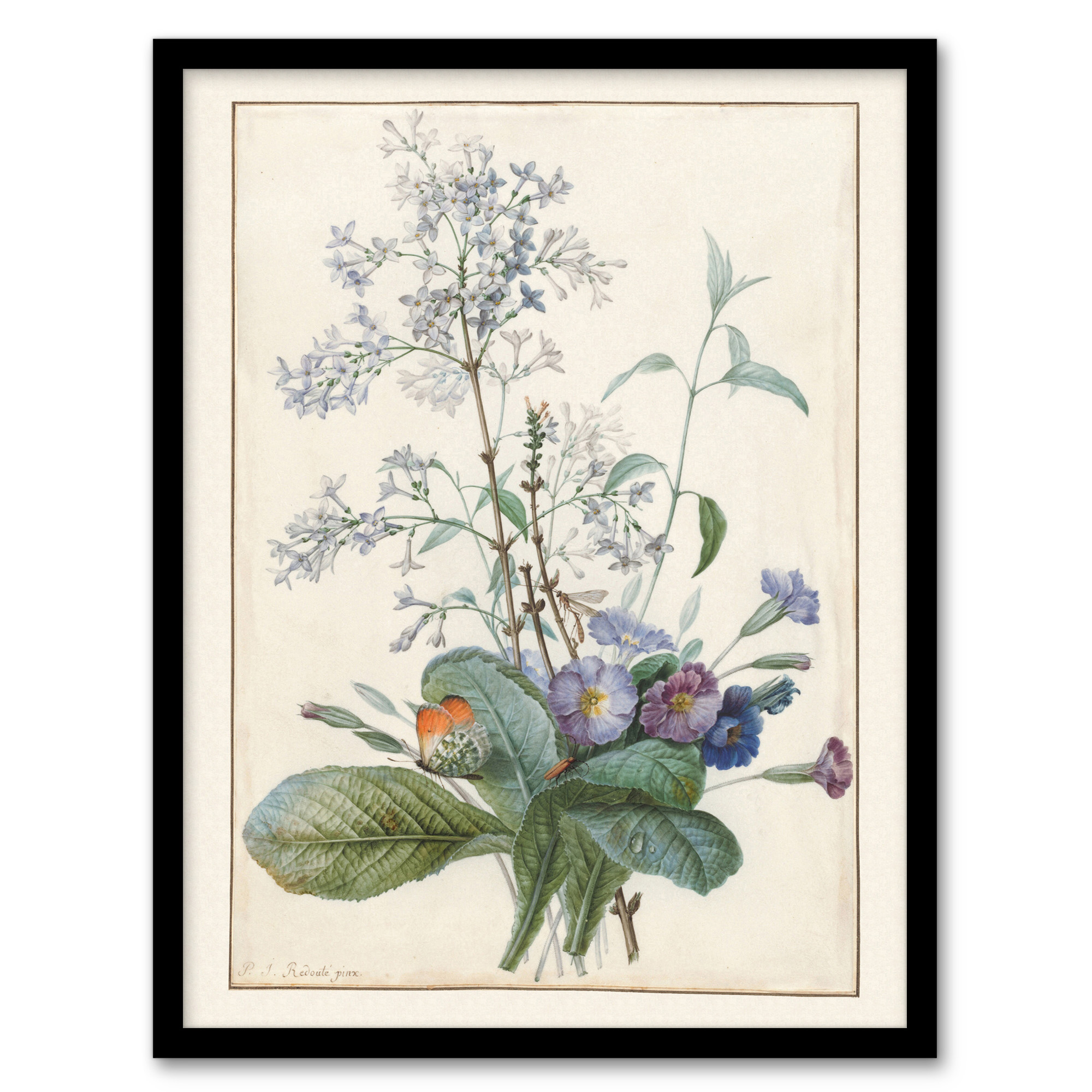 Pierre Joseph Redoute Framed Wall Art Bouquet of Flowers with Insects Home Décor