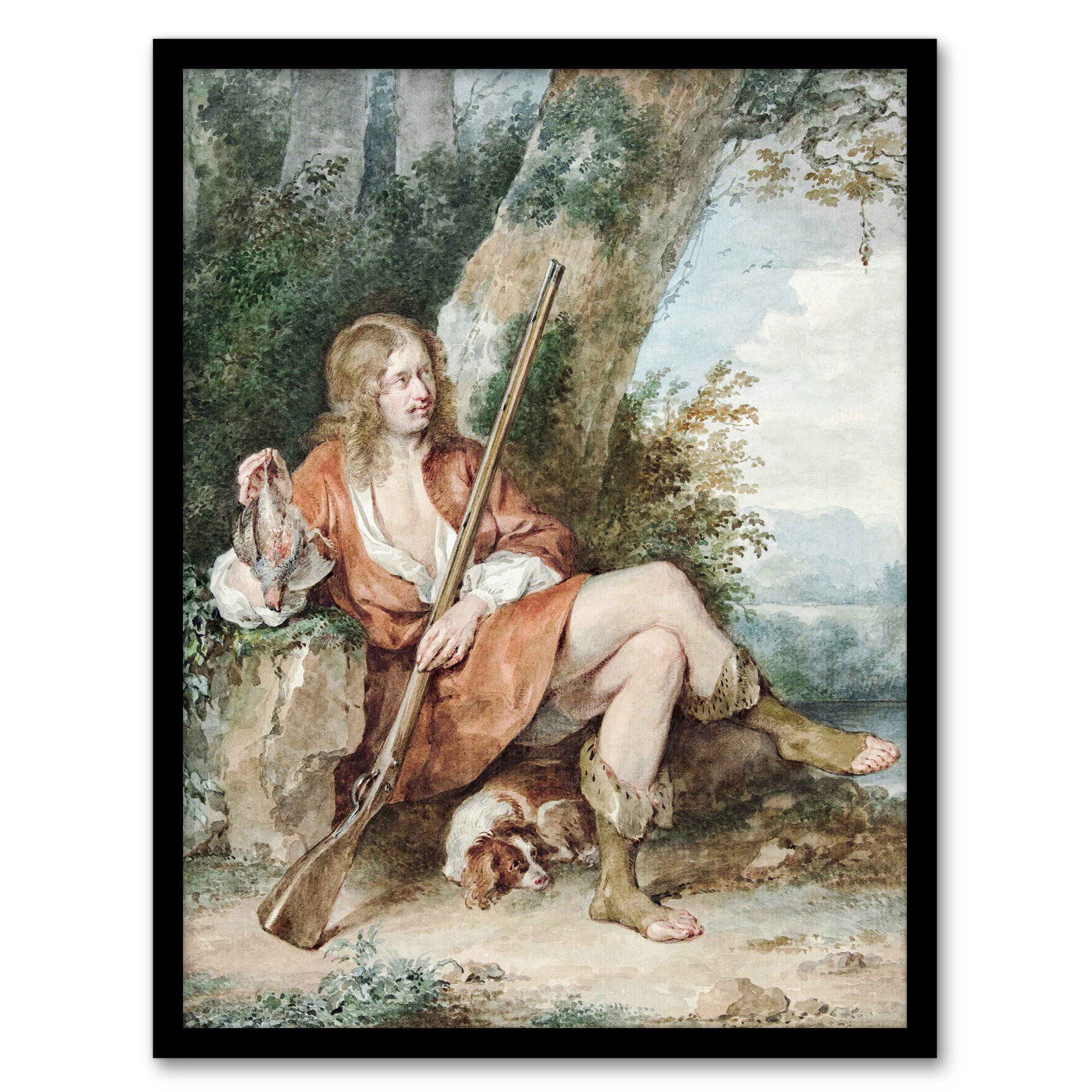 Aert Schouman Framed Wall Art Resting Hunter with Partridge by a Tree Home Décor