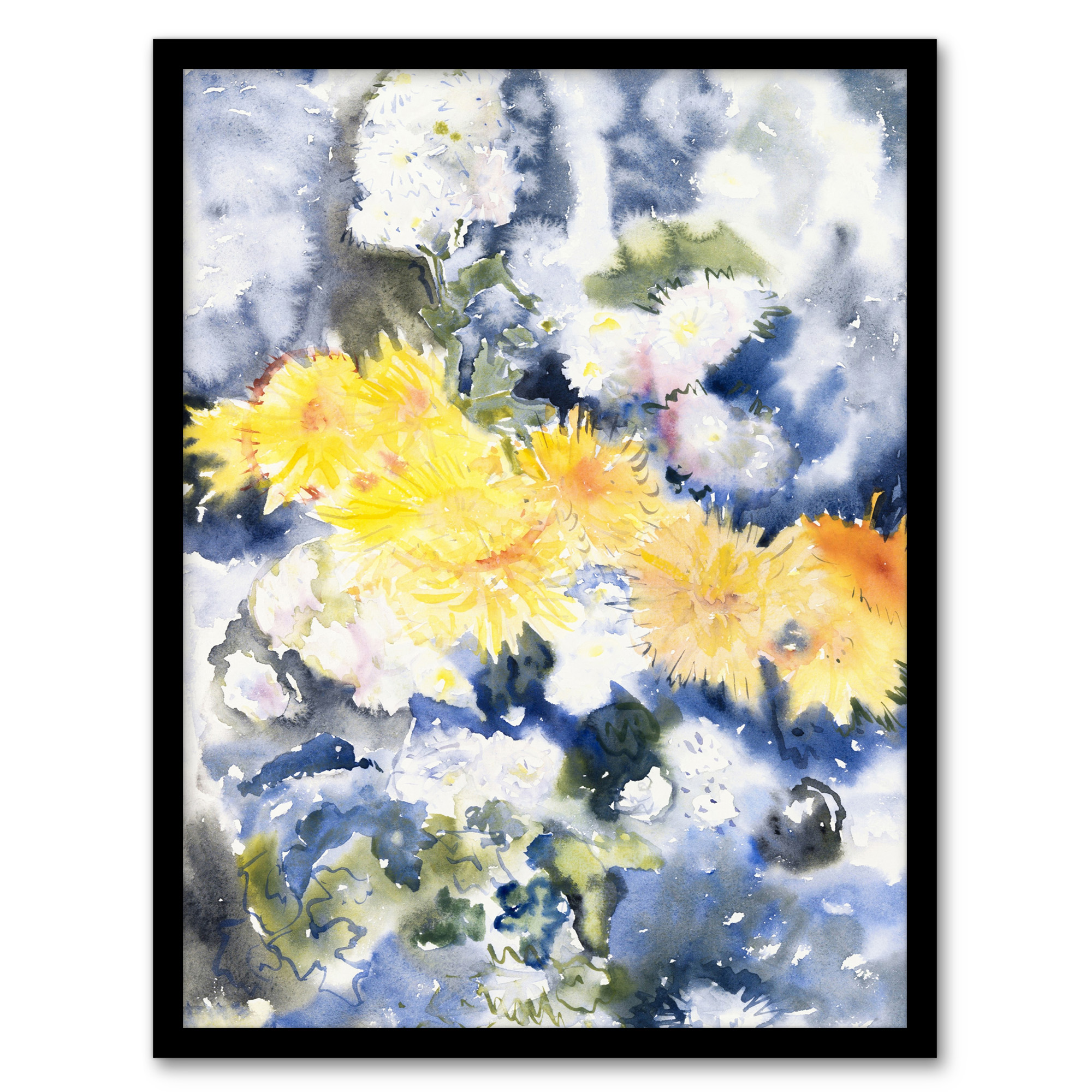 Yellow and Blue Floral Watercolour Demuth Wall Art Poster Print