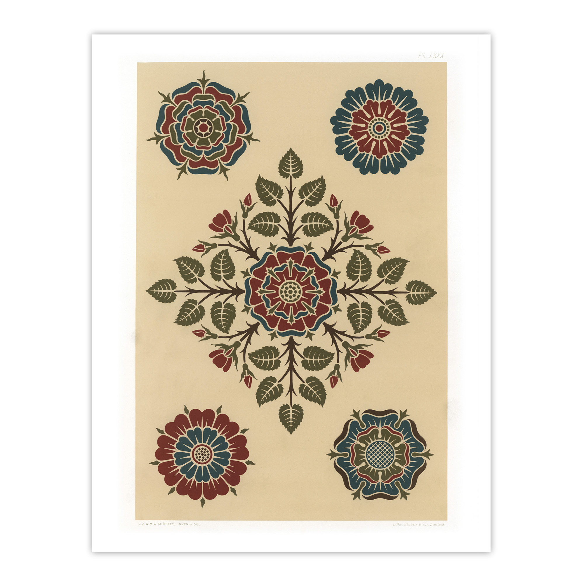 Vintage Stylised Rose Flower Pattern Audsley Wall Art Poster Print