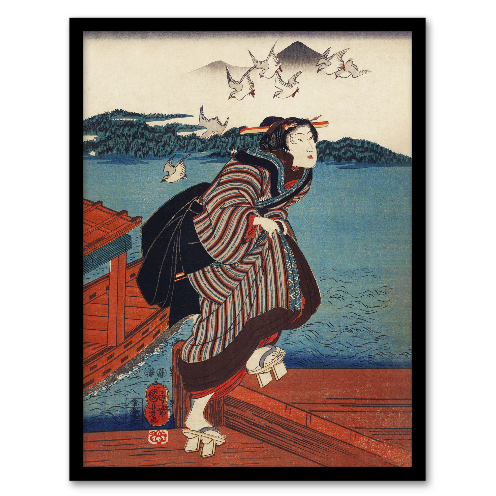 Young Woman at Sanbashi Pier Kuniyoshi Wall Art Poster Print