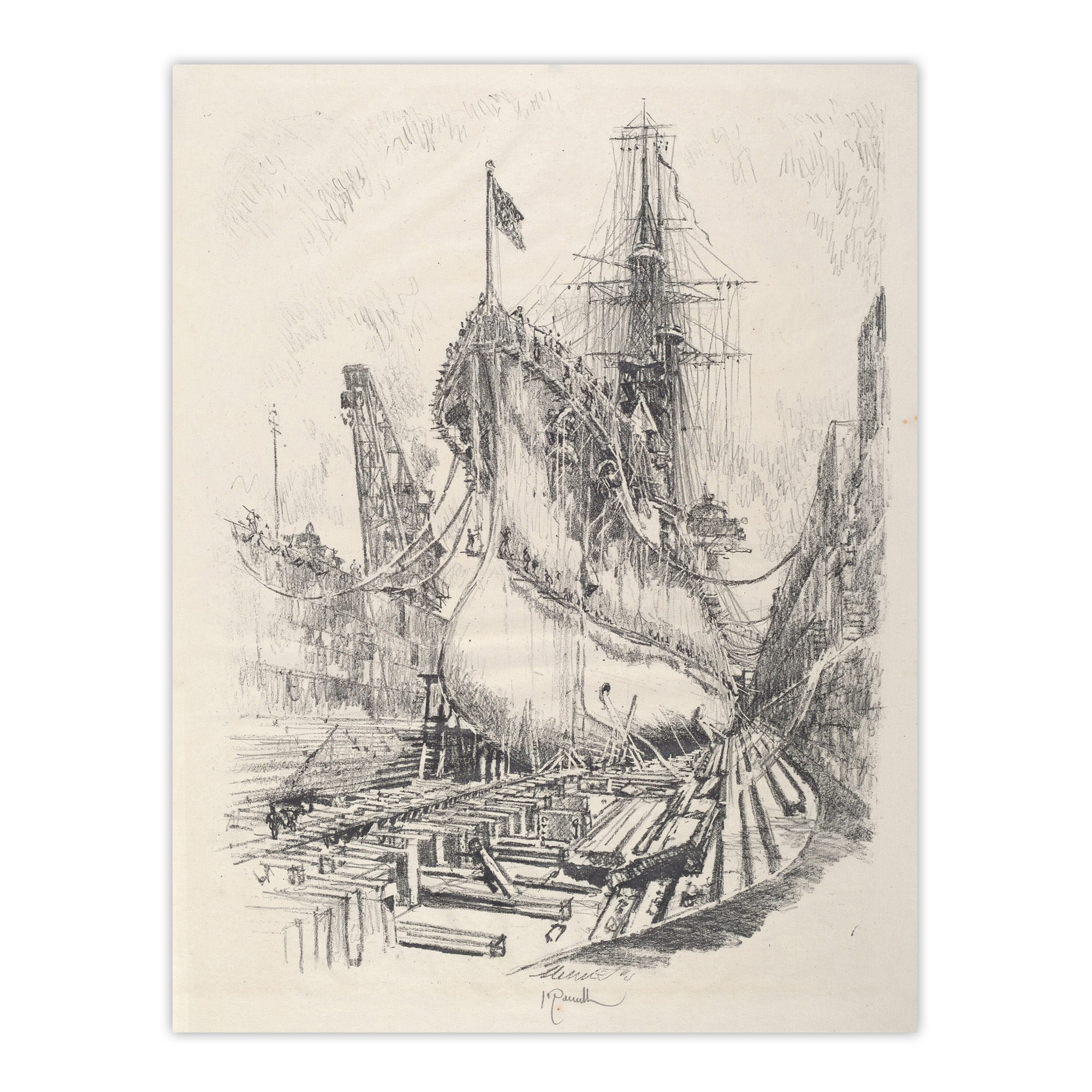 Joseph Pennell Large Warship In the Dry Dock Wall Art Print