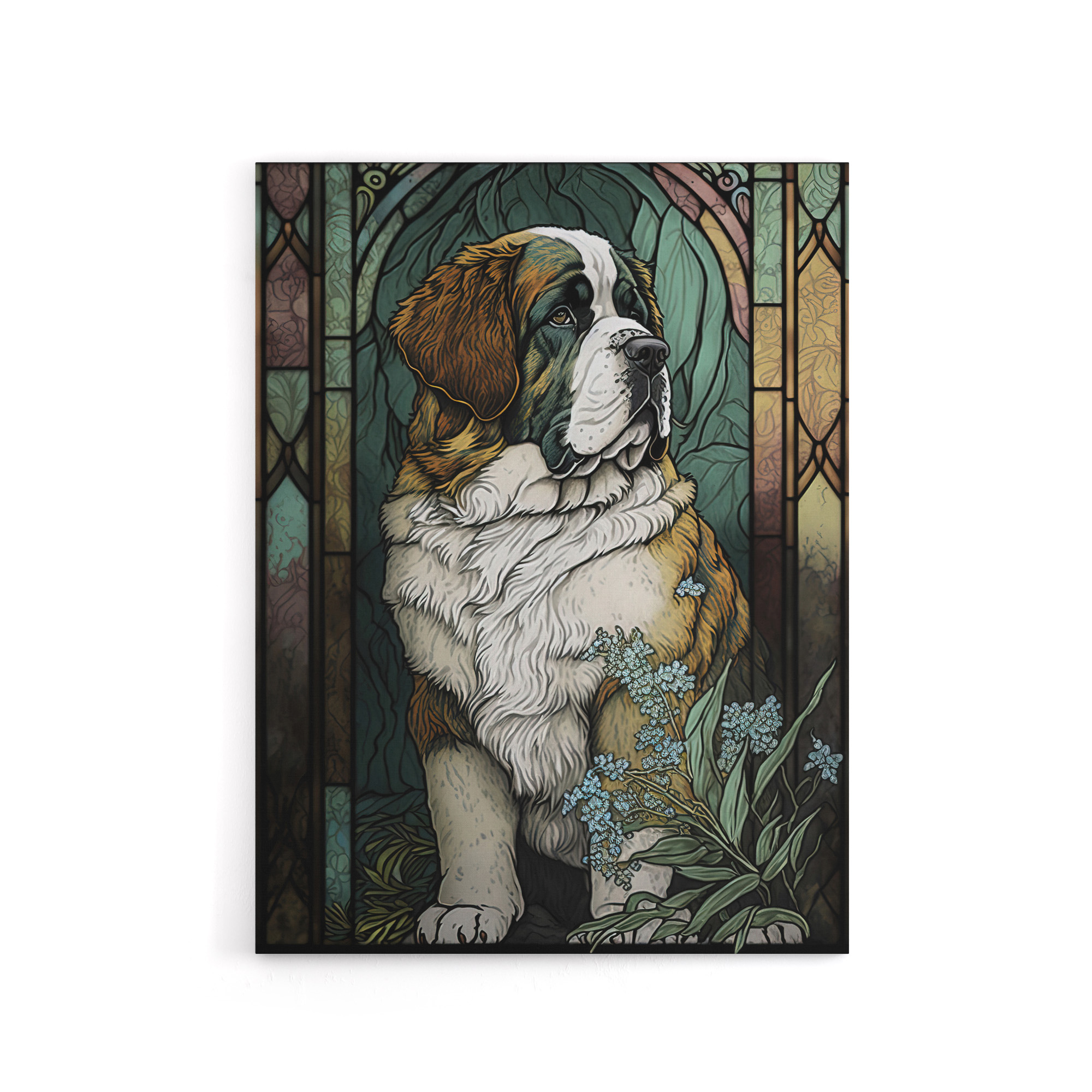St Bernard Dog Floral Modern Art Nouveau Canvas Wall Art Print